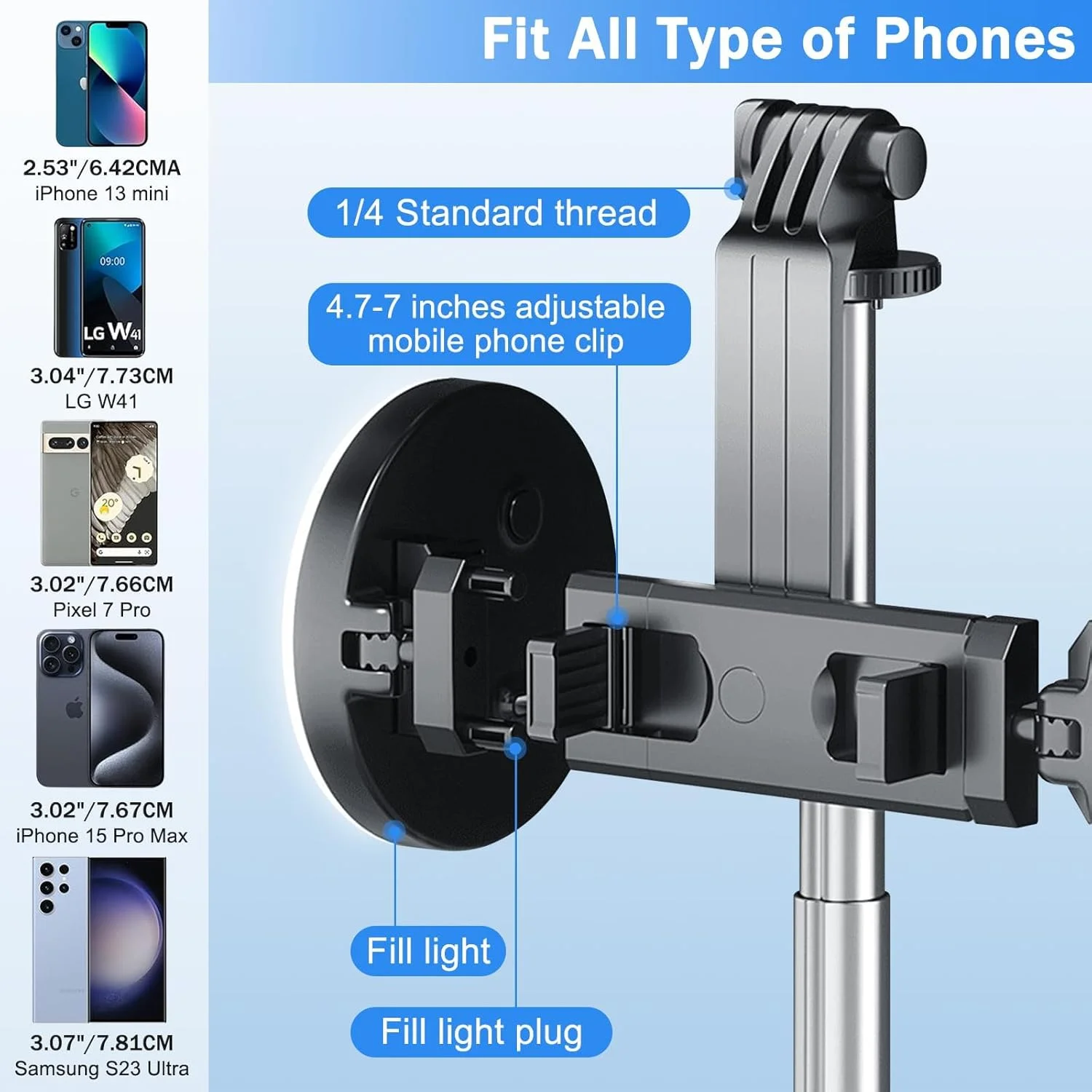 پایه سلفی و سه پایه با نور پرکننده، طراحی بادوام استیل ضد زنگ، کنترل از راه دور بلوتوث و پشتیبانی سه پایه پایدار برای پخش زنده و فیلمبرداری