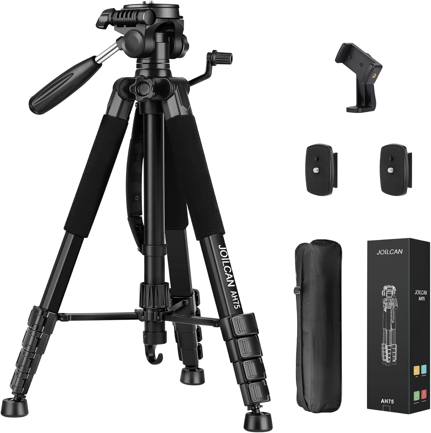 پایه دوربین سه پایه JOILCAN 74 اینچی برای دوربین های DSLR کانن نیکون، پایه بلند آلومینیومی تلفن های همراه با 2 عدد صفحه سریع و پایه تلفن جهانی با ظرفیت بارگیری 13 پوند (مشکی)
