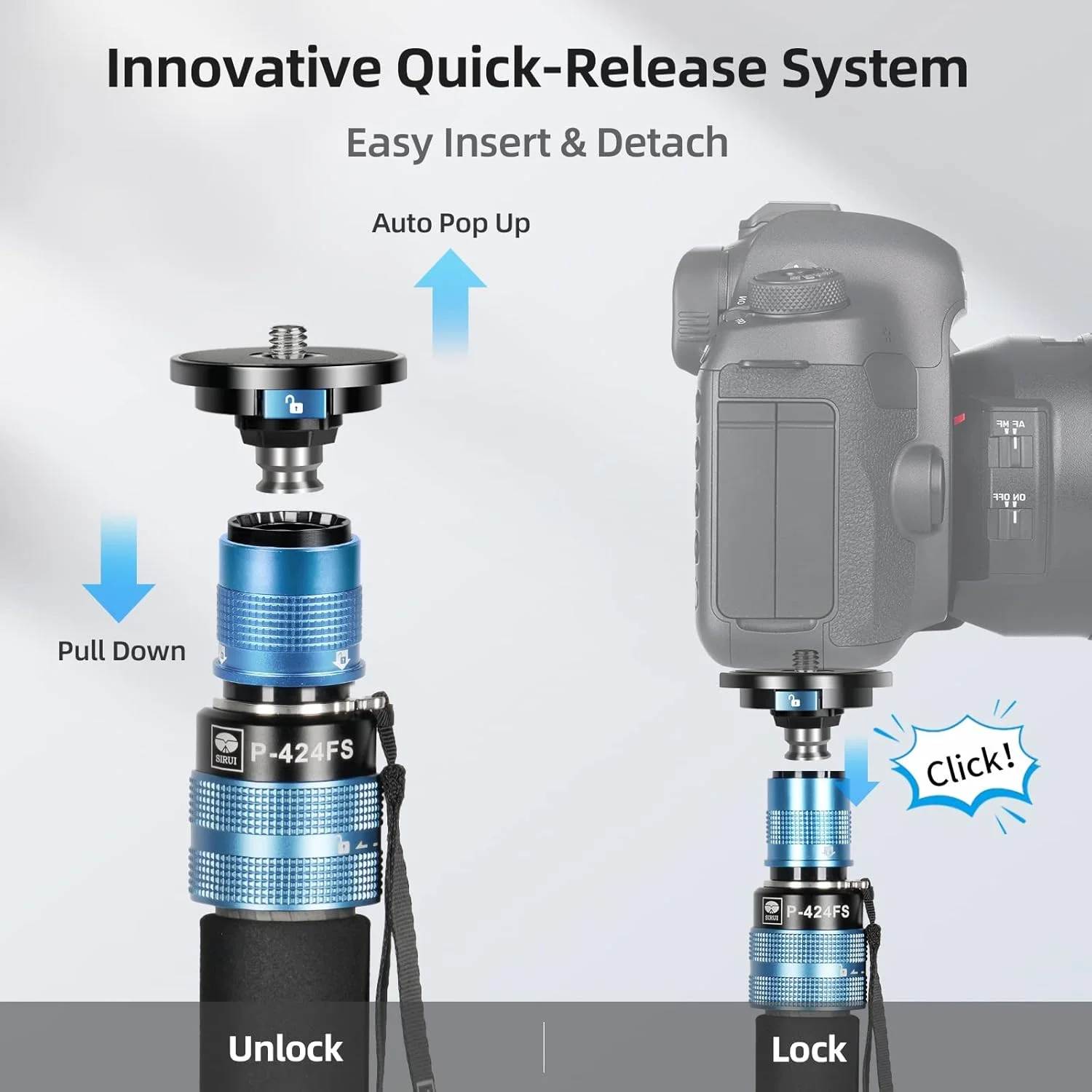 تک پایه دوربین SIRUI مدل P-424FS، تک پایه ویدیویی عکاسی فیبر کربنی 3 در 1 ماژولار با سه پایه 63 اینچی، حداکثر تحمل وزن 12 کیلوگرم برای دوربین ها، DSLR و دوربین فیلمبرداری