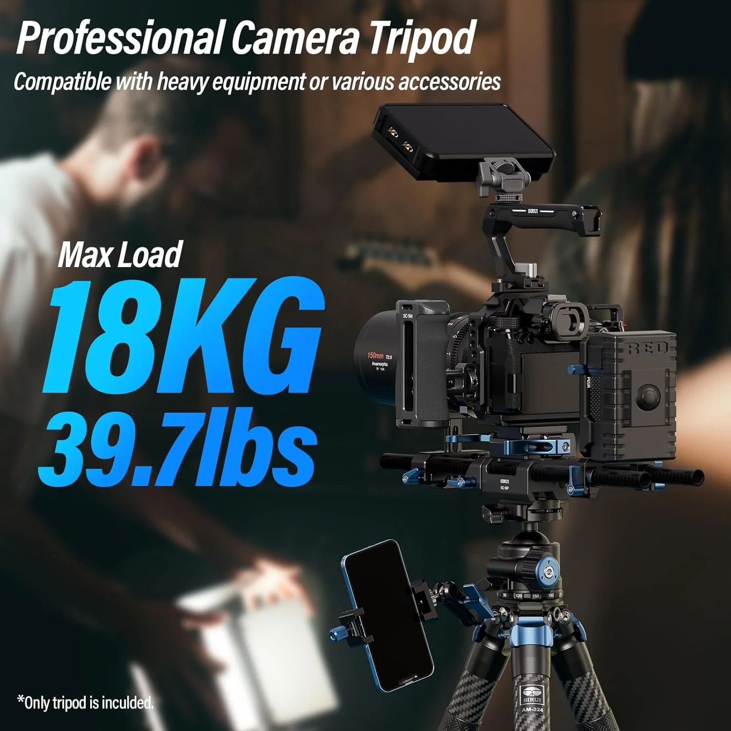 سه پایه دوربین حرفه ای SIRUI AM-324، سه پایه فیبر کربنی جمع و جور 57 اینچی برای دوربین های بدون آینه، DSLR، 4 قسمتی با حداکثر قطر لوله 32 میلی متر، تحمل بار تا 18 کیلوگرم