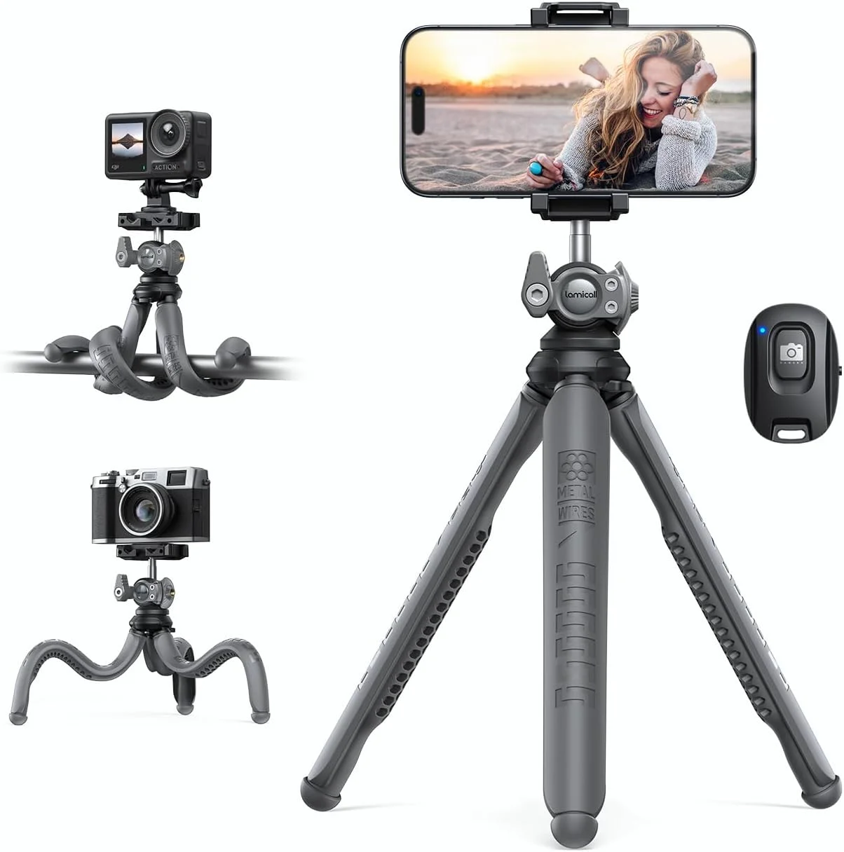 سه پایه نگهدارنده گوشی موبایل Lamicall، سه پایه دوربین انعطاف پذیر - پایه نگهدارنده سه پایه کوچک تلفن همراه، پایه سه پایه گوشی هوشمند چرخشی 360 درجه برای پخش زنده، تلفن همراه، دوربین - خاکستری