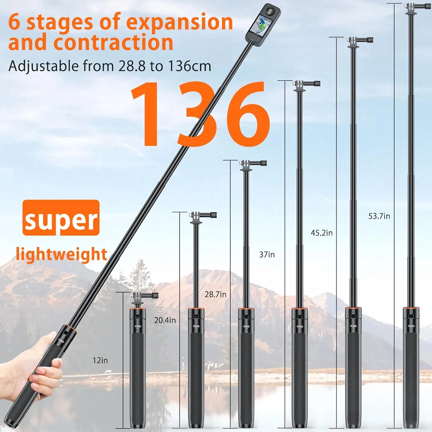 سه پایه سلفی استیک قابل افزایش طول VRIG برای GoPro Max Hero 10 9 8 7 6 5 4…