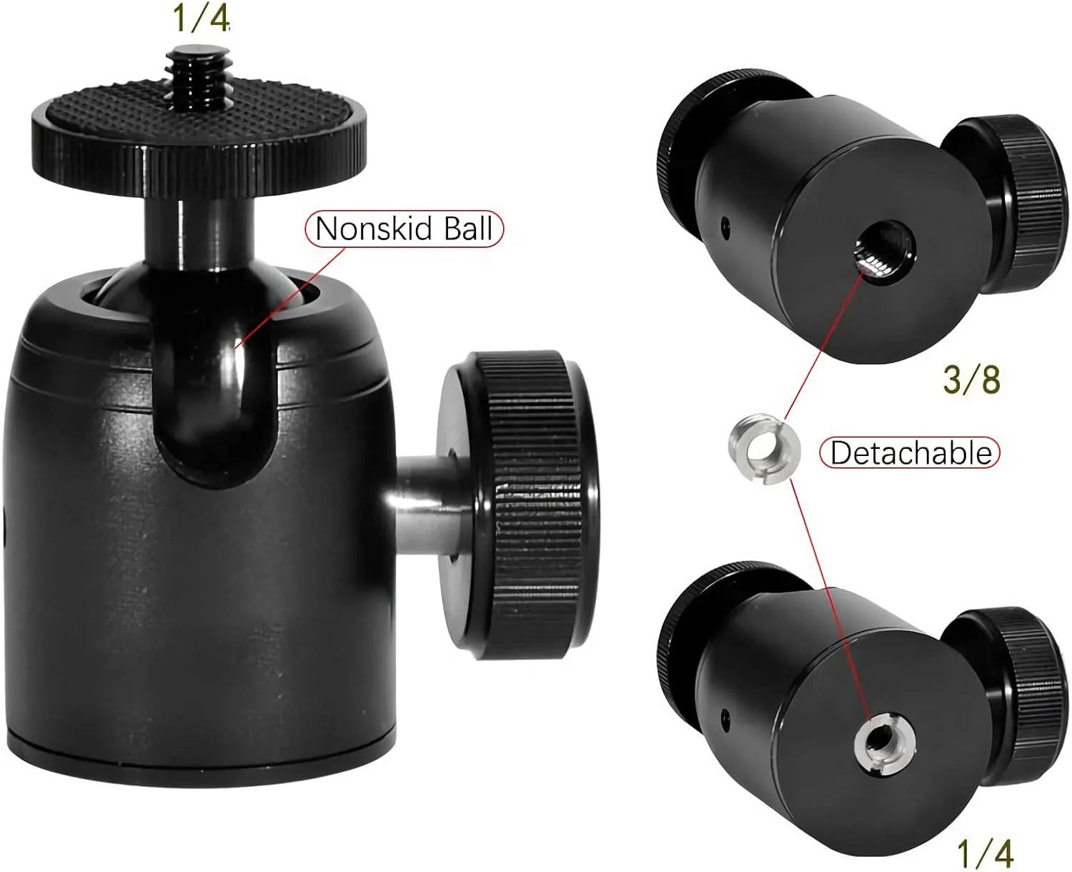 سه پایه توپی، سه پایه کوچک توپی با قابلیت چرخش 360 درجه، ساخته شده از آلیاژ آلومینیوم، دارای تبدیل 3/8 اینچ به 1/4 اینچ برای دوربین های DSLR، کمکوردر، سه پایه، تک پایه، پایه نور