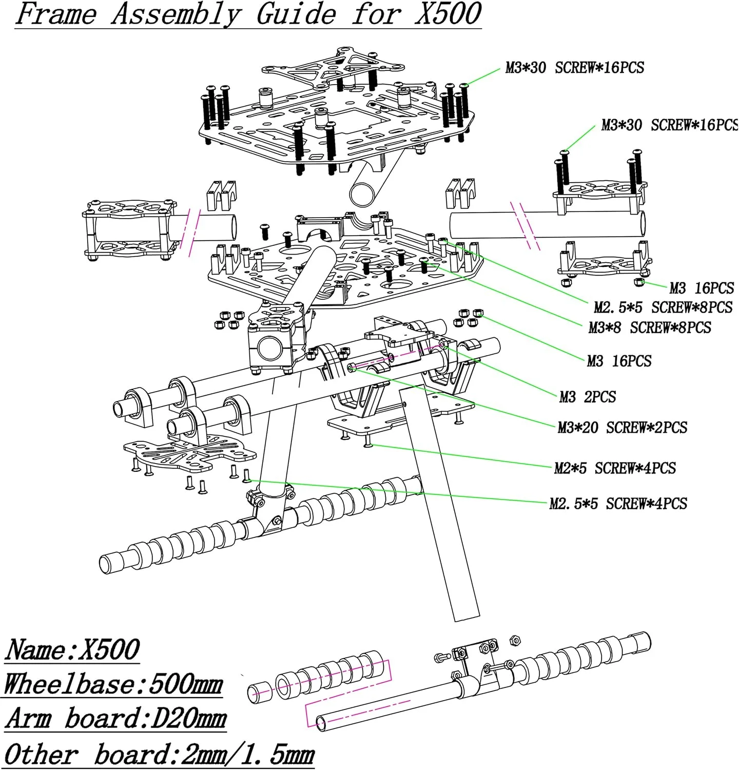 کیت فریم کوادکوپتر فیبر کربنی FPVKing 500-X4 500mm، ارتقا یافته S500 SK500 F450 به همراه پایه فرود ثابت