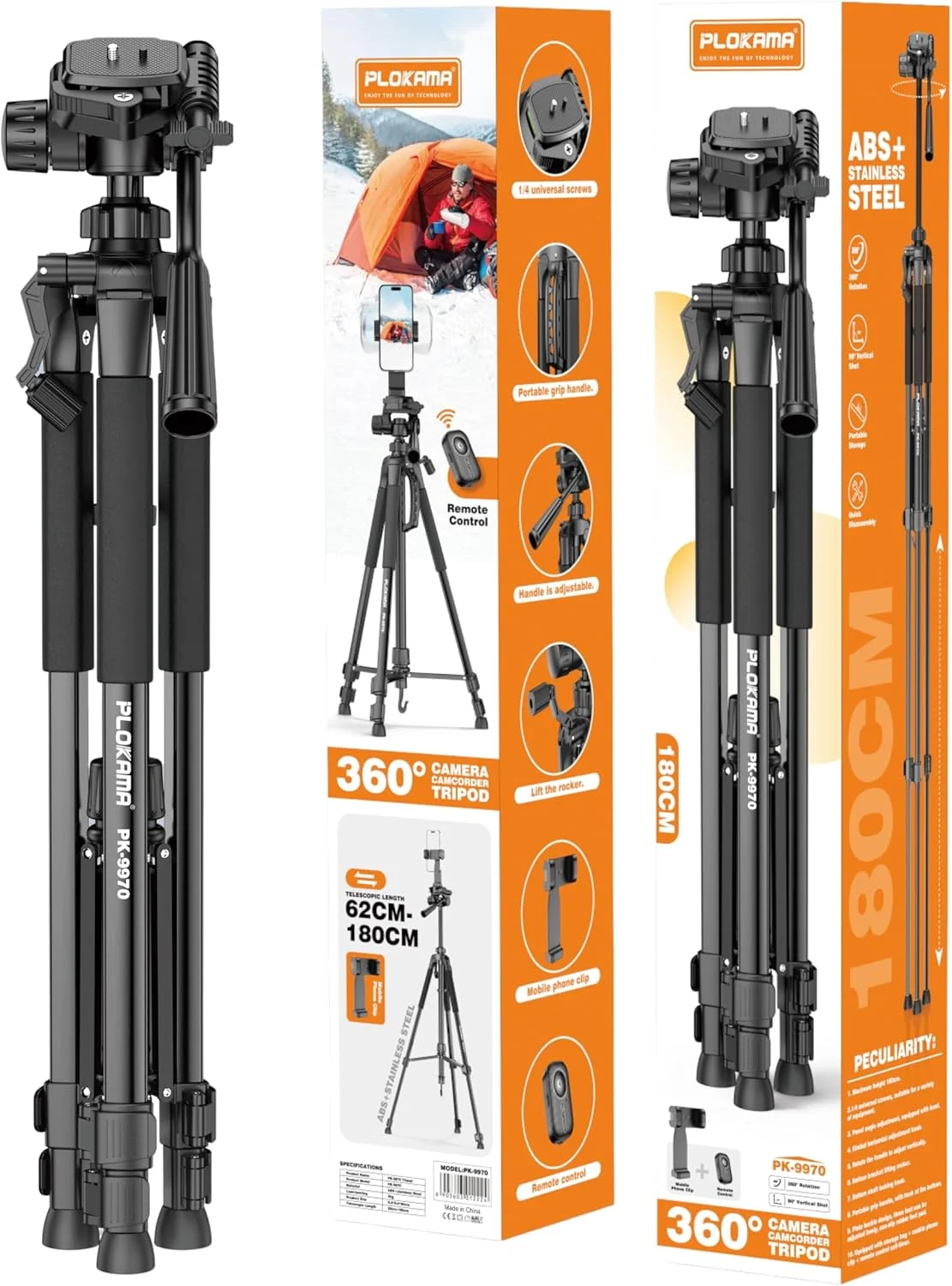 سه پایه 180 سانتی متری چرخان 360 درجه PLOKAMA PK-9970 با ریموت بلوتوثی، نگهدارنده تلفن و کیف حمل - سازگار با دوربین های DSLR، آیفون، اندروید
