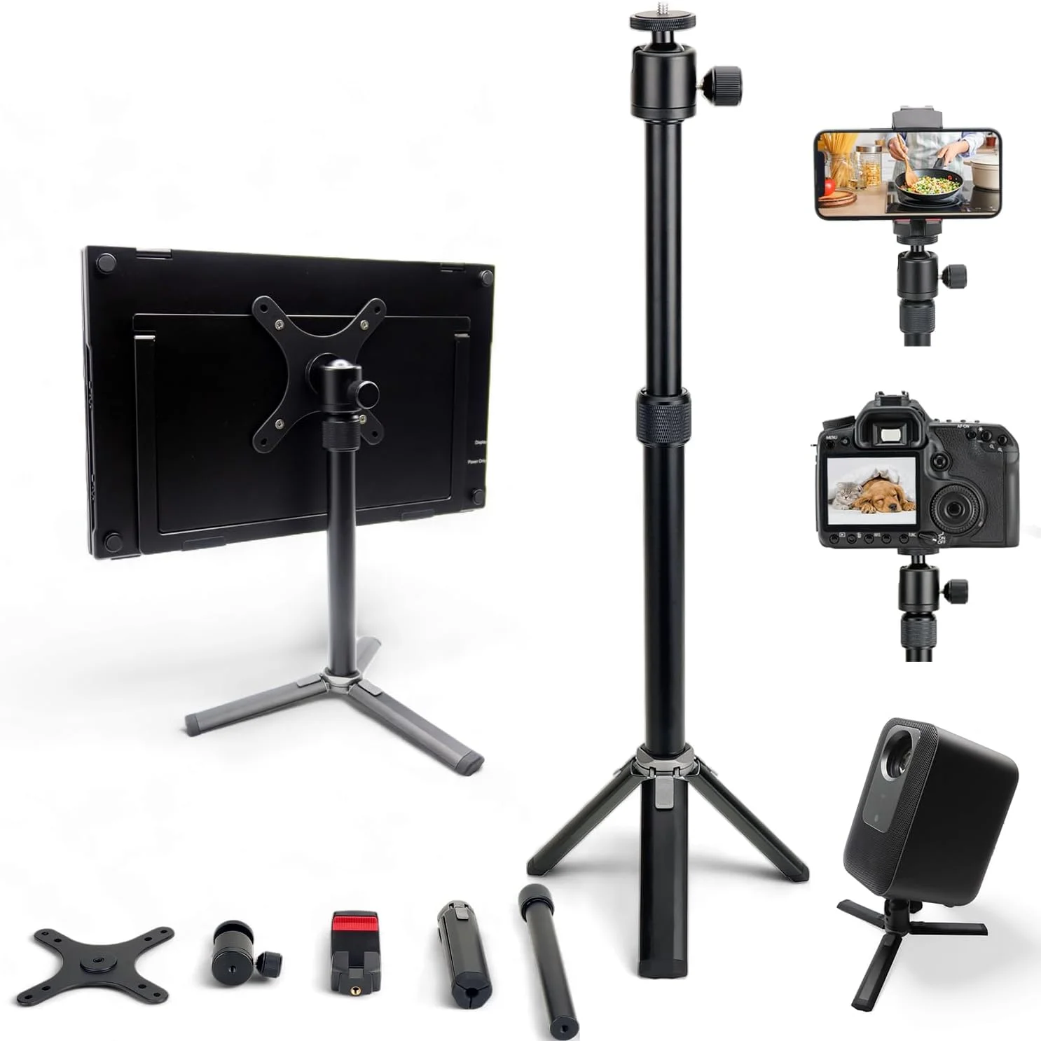 پایه نگهدارنده مانیتور فلزی قابل حمل Kado، صفحه آداپتور براکت نصب بازویی/دیواری VESA با ابعاد 100x100mm و 75x75mm، سر توپی 360 درجه و پیچ 1/4 اینچی، جمع و جور برای تلفن، تبلت، پروژکتور، دوربین و وب کم