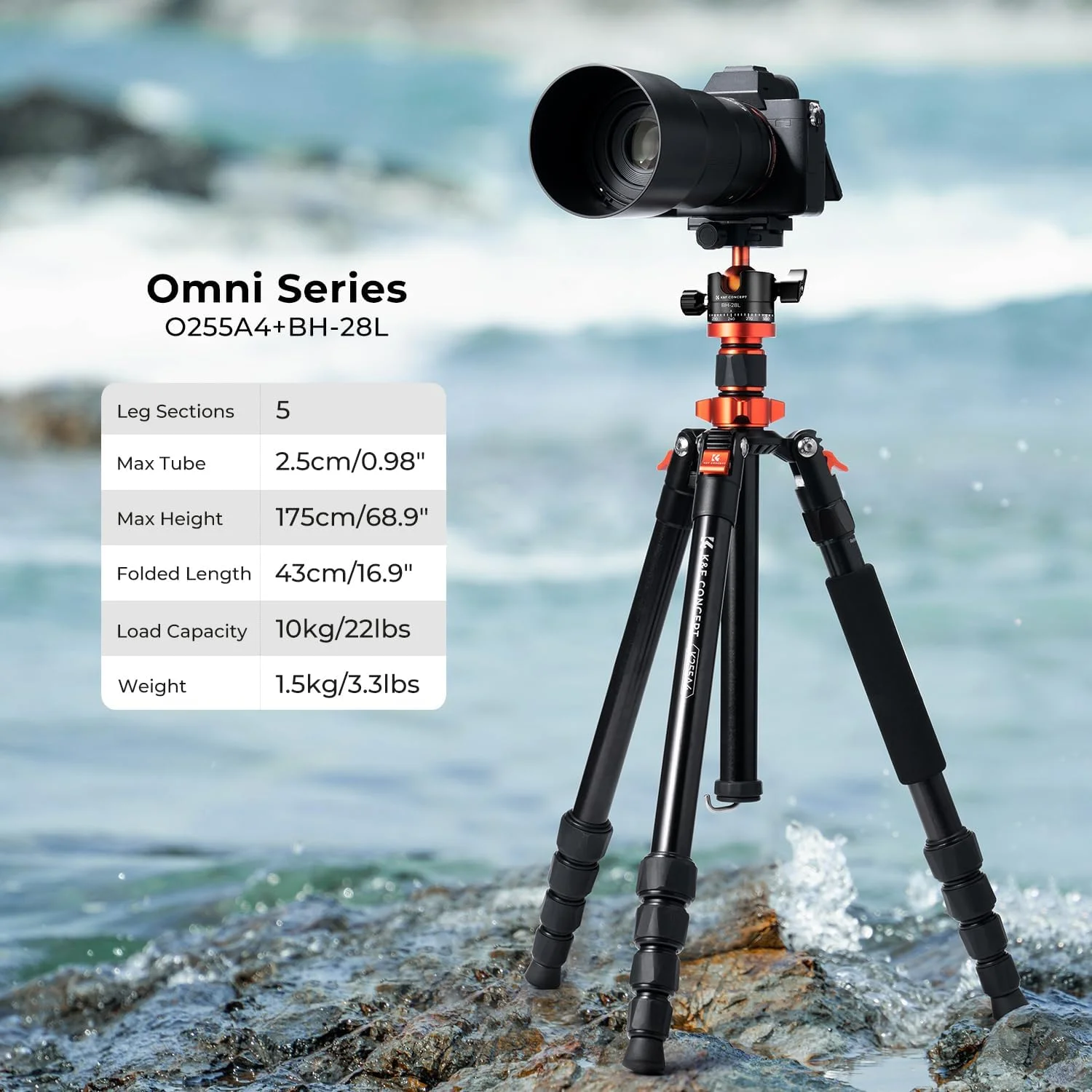 سه پایه دوربین K&F Concept با ارتفاع 175 سانتی متر، سه پایه مسافرتی جمع و جور با تک پایه، تحمل وزن 10 کیلوگرم، دارای هد توپی پانوراما 360 درجه سازگار با دوربین های DSLR مدل K255A4+BH-28L (TM2515M1)