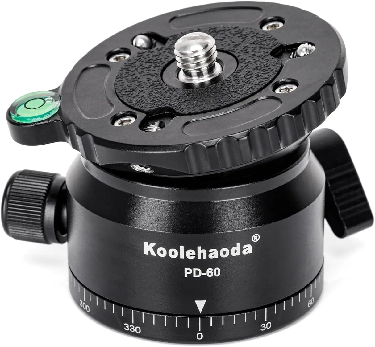 سر تراز کننده دوربین Koolehaoda مدل PD-60، ساخته شده از آلومینیوم CNC با پایه چرخان 360 درجه و رزوه 3/8 اینچ و تراز حبابی برای سر سه پایه های فیلمبرداری، سه پایه و تک پایه