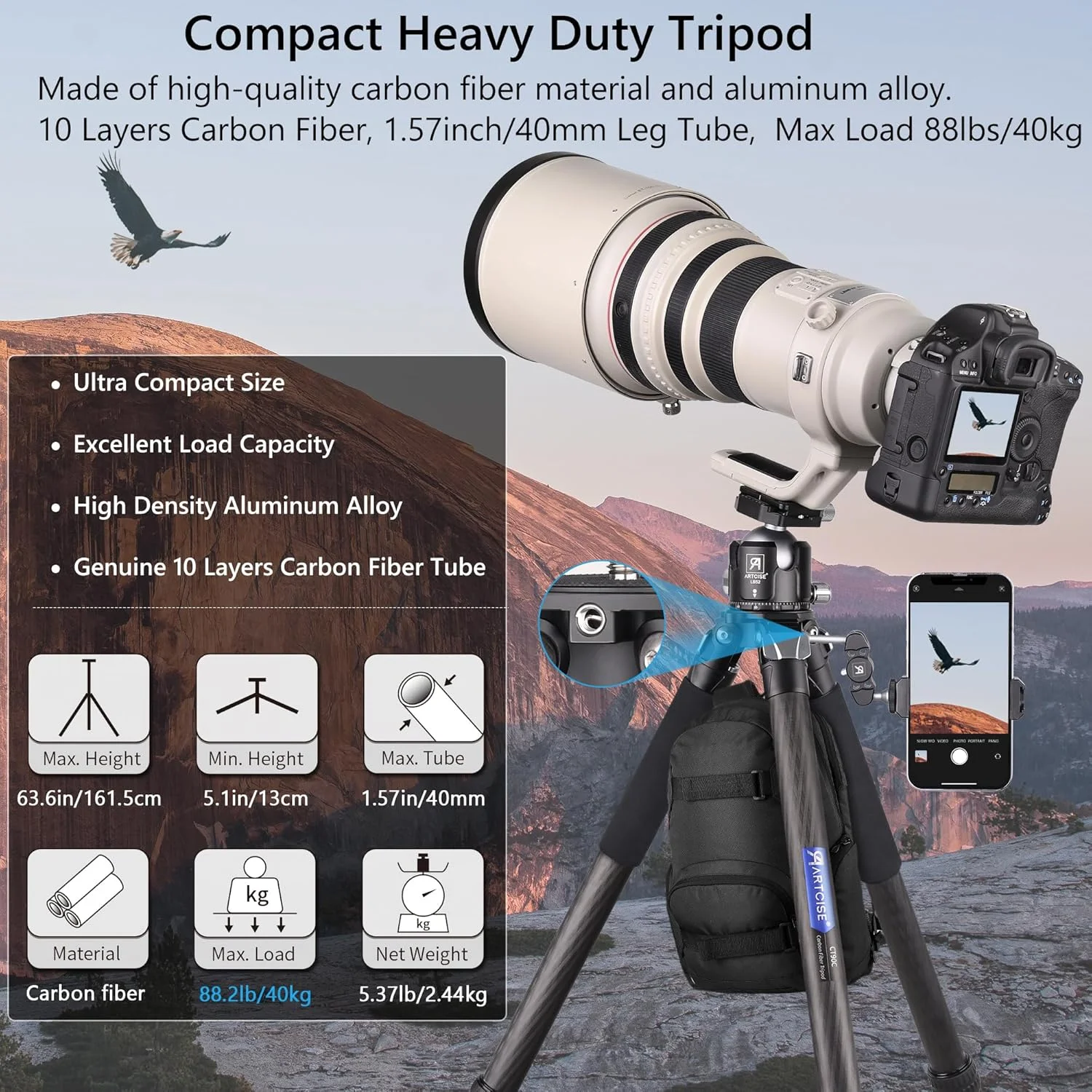 سه پایه فیبر کربنی جمع و جور ARTCISE CT90C با کیف سنگ، پایه دوربین مسافرتی سنگین برای دوربین های Canon Sony Nikon DSLR، حداکثر تحمل وزن 40 کیلوگرم (هدیه اضافی: کیف سنگ، بازوی جادویی CNC، گیره تلفن CNC) سه پایه فیبر کربنی جمع و جور ARTCISE CT90C با کیف سنگ، پایه دوربین مسافرتی سنگین برای دوربین های Canon Sony Nikon DSLR، حداکثر تحمل وزن 40 کیلوگرم (هدیه اضافی: کیف سنگ، بازوی جادویی CNC، گیره تلفن CNC)