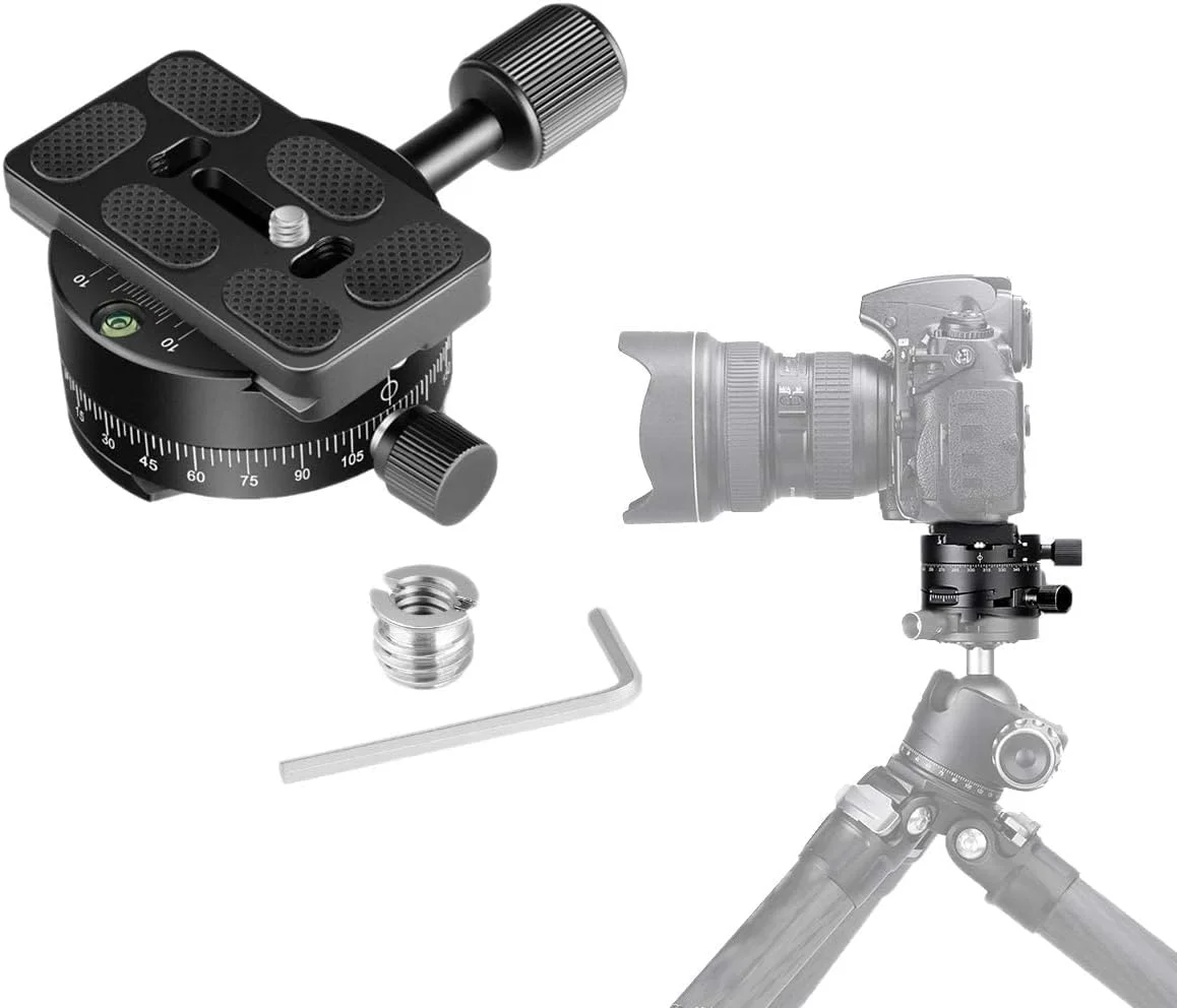 پایه هد سه پایه پانوراما 360 درجه NALACAL با گیره پیچ و صفحه رهاسازی سریع به سبک Arca Swiss 38 میلی‌متری و تراز حبابی برای دوربین‌ها، سه پایه‌ها، تک پایه‌ها، تلفن، حداکثر بار تا 10 کیلوگرم