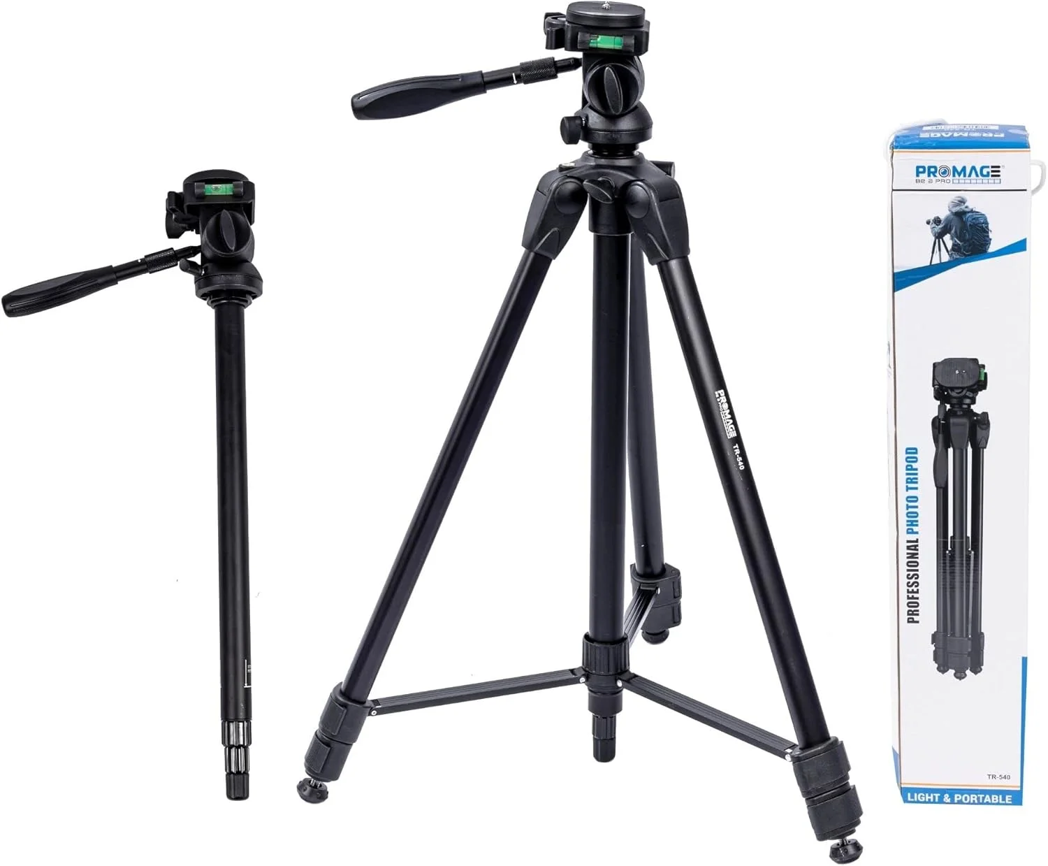 سه پایه دوربین و تک پایه آلومینیومی قابل حمل Promage R540، 73 اینچ / 185 سانتی متر، با سر چرخان سه طرفه | کیف برای دوربین های DSLR و فیلمبرداری DV، تحمل وزن تا 7 کیلوگرم | مشکی