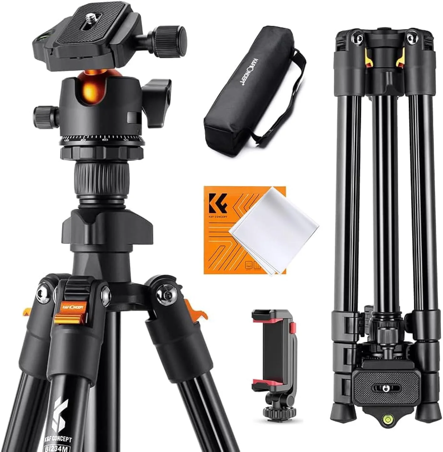 سه پایه دوربین K&F Concept 163 سانتی متری | سه پایه آلومینیومی سبک وزن برای سفر و فضای باز | هد توپی 360 درجه با ظرفیت بار 8 کیلوگرم | صفحه رهاسازی سریع | K234A0+BH-28L + نگهدارنده تلفن و پارچه میکروفیبر