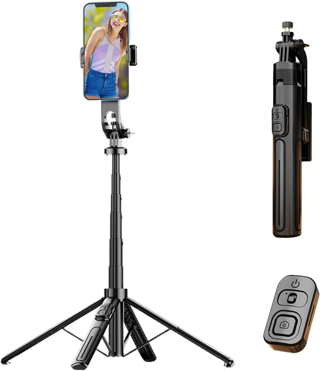 پایه نگهدارنده گوشی Aodethon، پایه سلفی و سه پایه همه کاره با چرخش 360 درجه و ریموت بلوتوث، سه پایه آلومینیومی تلسکوپی 130 سانتی متری برای سلفی/پخش زنده/ضبط ویدیو/مسافرت (مشکی)