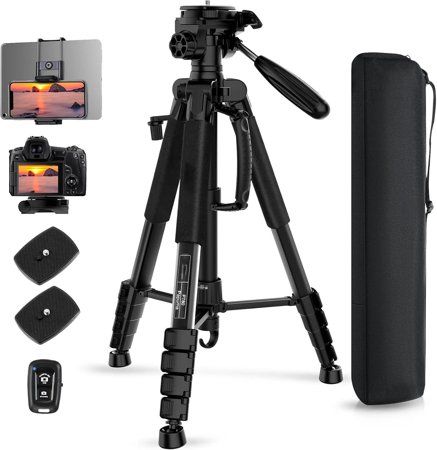 پایه دوربین 75 اینچی برای تلفن همراه، پایه مسافرتی برای دوربین با ریموت بی سیم، پایه دوربین سنگین برای DSLR/SLR/DV/GoPro (مشکی)