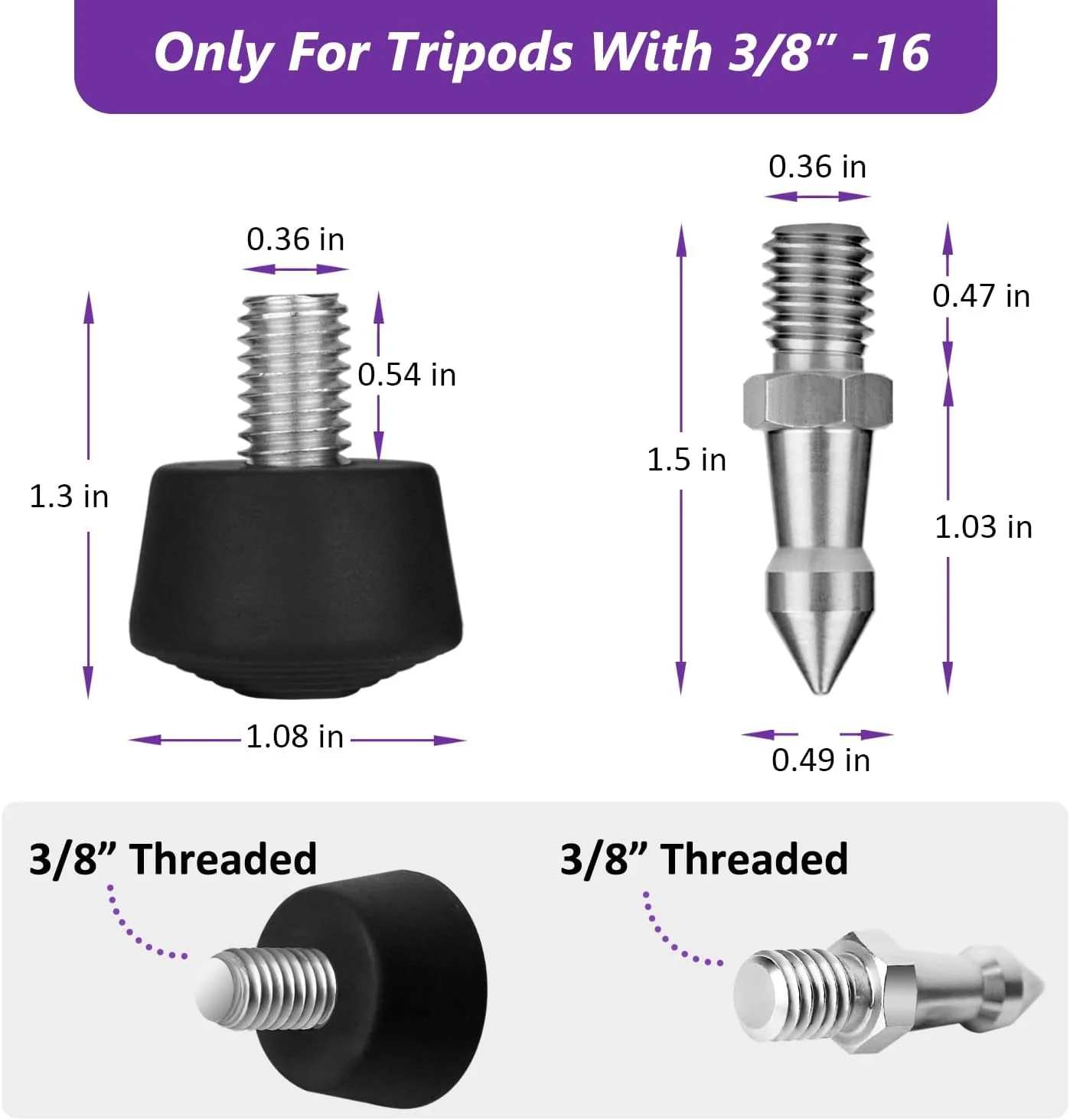 ۳ عدد پایه لاستیکی سه پایه با رزوه 3/8 و پایه های میخ دار سه پایه ضد لغزش از جنس استیل ضد زنگ، قطعات جایگزین پایه سه پایه