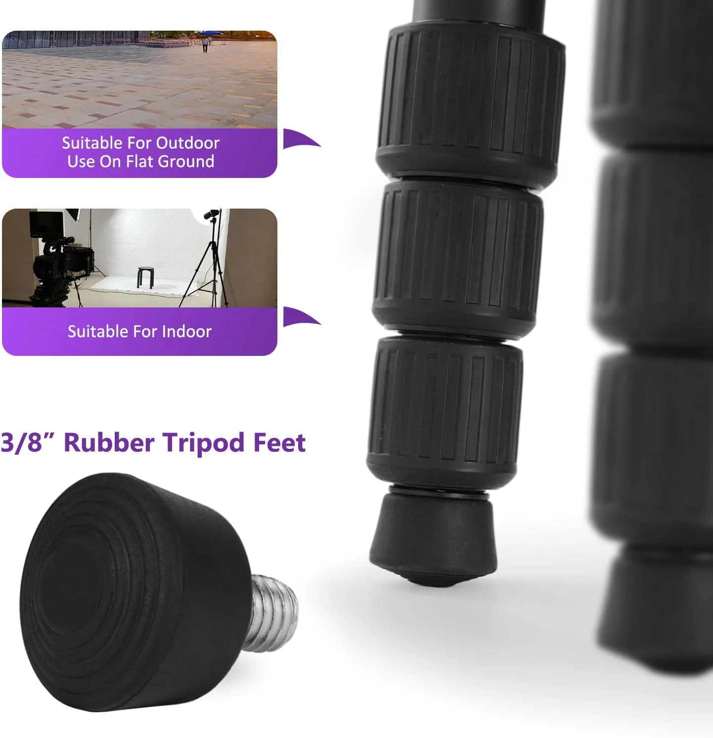 ۳ عدد پایه لاستیکی سه پایه با رزوه 3/8 و پایه های میخ دار سه پایه ضد لغزش از جنس استیل ضد زنگ، قطعات جایگزین پایه سه پایه