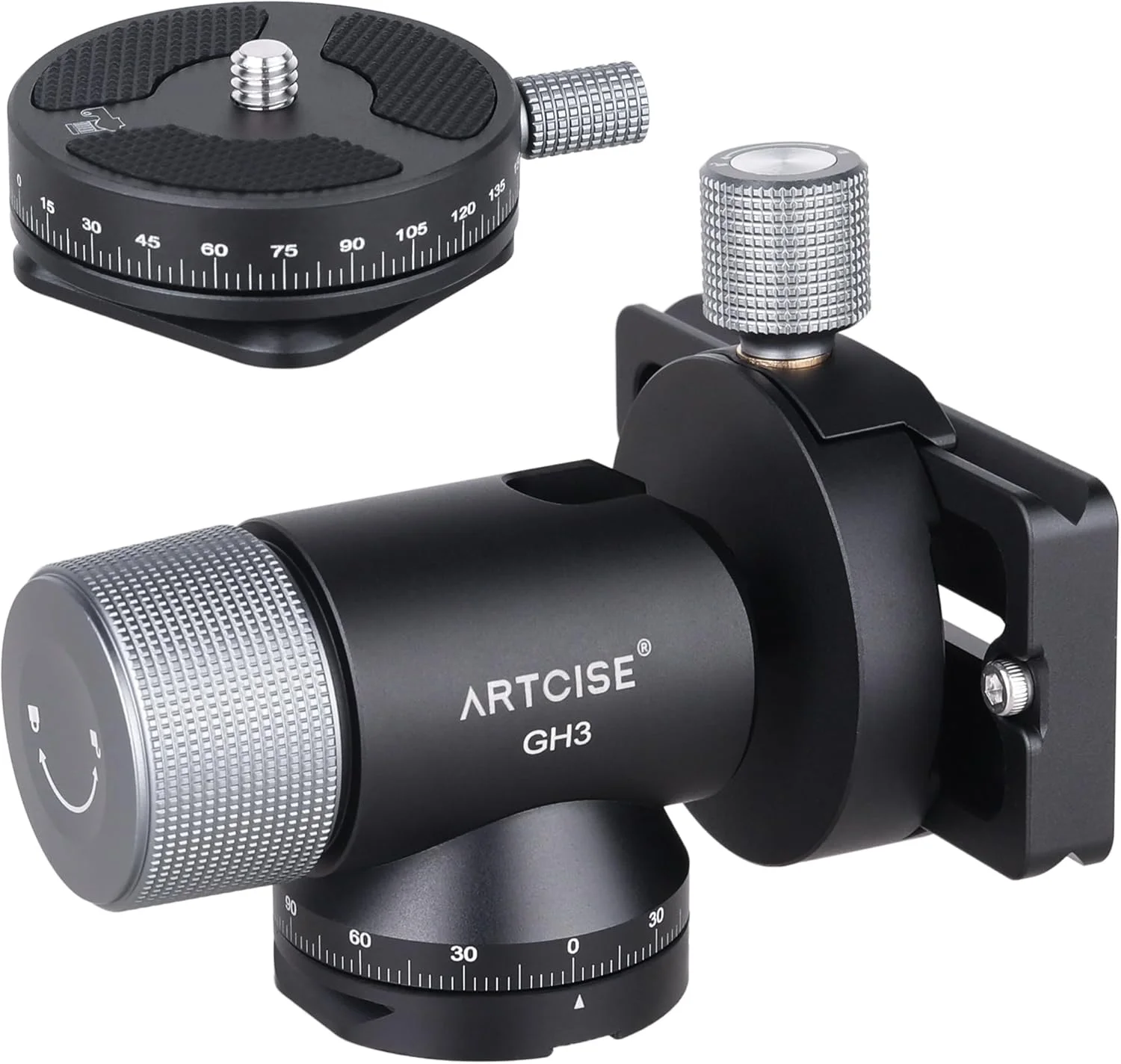 هد گیمبال تک پایه ARTCISE، هد تیلت گیمبال زین جانبی تمام فلزی CNC با صفحه رهاسازی سریع Arca Swiss و صفحه QR نوع Arca پانوراما 360 درجه، ایده آل برای سه پایه دوربین، تک پایه، لنزهای تله فوتو بلند