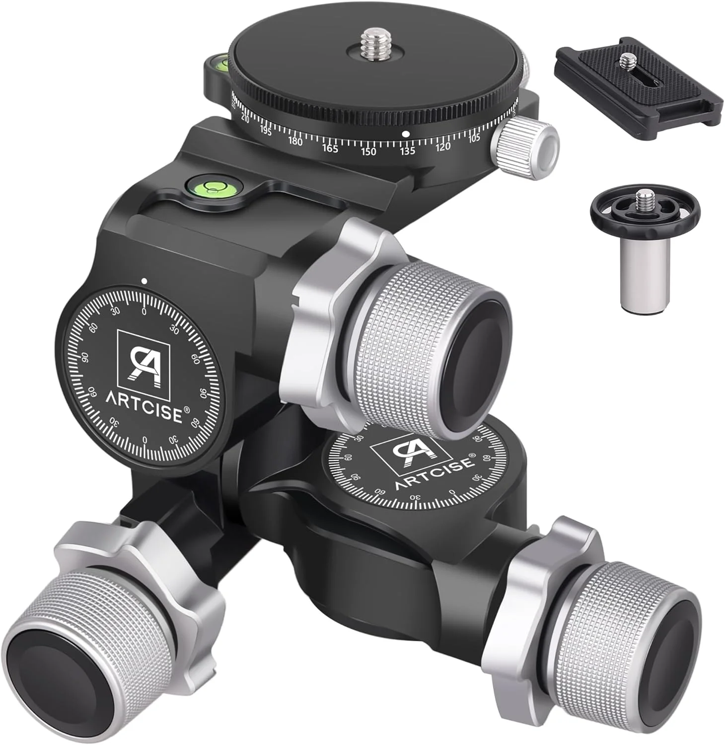 هد سه جهته دنده ای ARTCISE با صفحه QR نوع Arca و صفحه QR پانورامای 360 درجه نوع Arca، پشتیبانی از تنظیم دقیق میلی متری، هد سیال 3 محوره پن/شیب با حالت دوگانه سوئیچ سریع بزرگ/ظریف