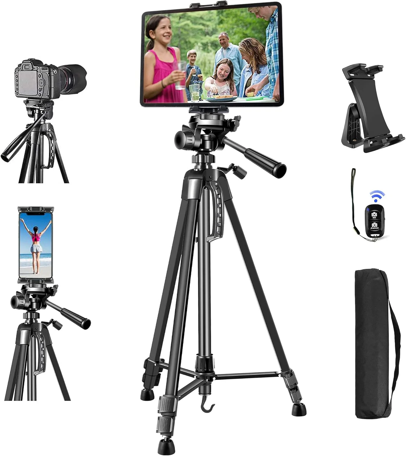 سه پایه Peastrex برای آیپد آیفون، پایه نگهدارنده تبلت سنگین 60 اینچی با ریموت برای آیپد و گوشی 3.5 تا 13.5 اینچی، آیپد پرو ایر مینی 12.9 11، دوربین DSLR، جلسات زوم ویدیویی