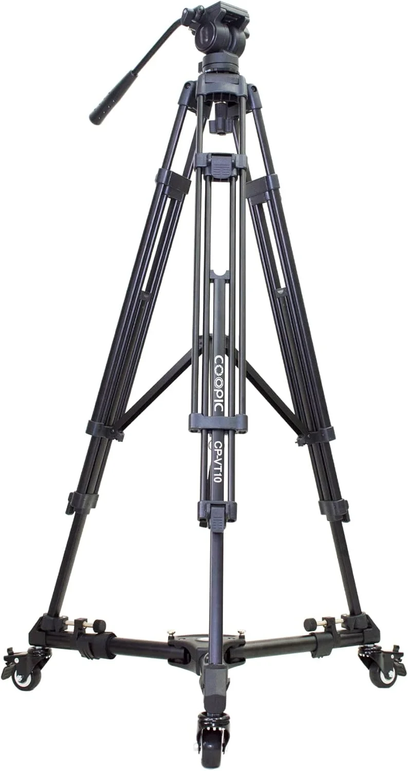 سه پایه فیلمبرداری سنگین COOPIC CP-VT10، سه پایه هد سیال با صفحه QR با قابلیت چرخش 360 درجه به همراه چرخ های لاستیکی D2 و پایه های قابل تنظیم، سازگار با دوربین های دیجیتال و فیلمبرداری Canon Nikon Sony - تحمل وزن 10 کیلوگرم
