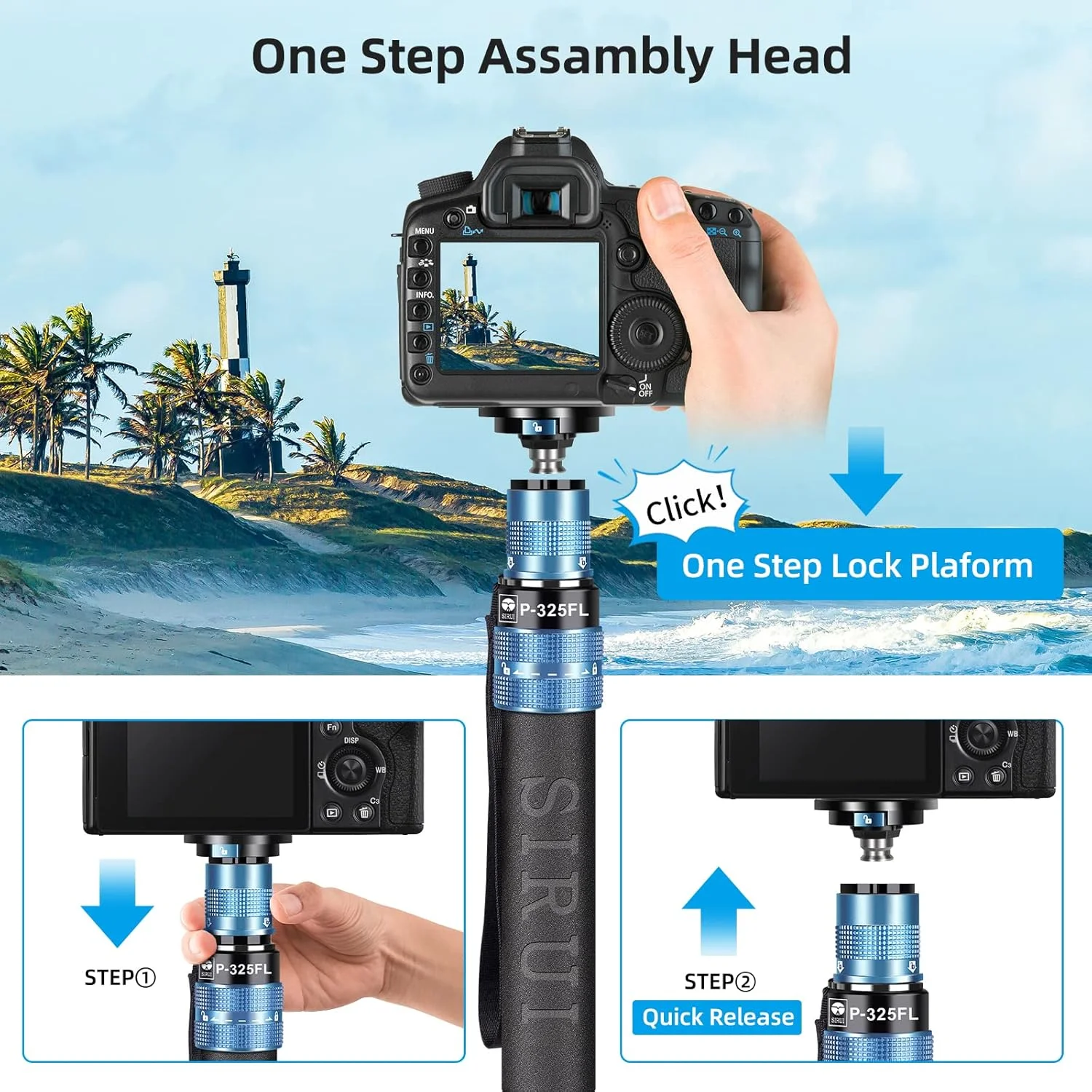 تک پایه دوربین SIRUI P-325FL با پایه، 170 سانتی متر فیبر کربن سبک وزن برای عکس و فیلم DSLR، 5 قسمتی تلسکوپی، طراحی ماژولار، نصب سریع، فقط پایه