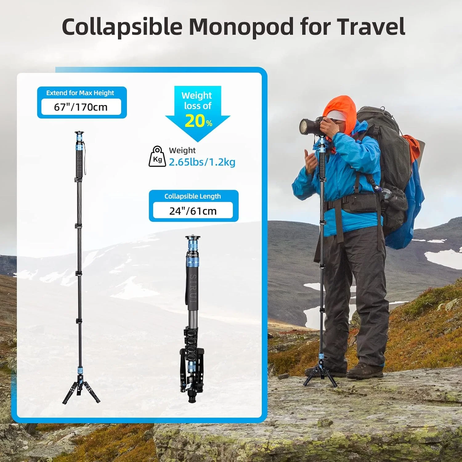 تک پایه دوربین SIRUI P-325FL با پایه، 170 سانتی متر فیبر کربن سبک وزن برای عکس و فیلم DSLR، 5 قسمتی تلسکوپی، طراحی ماژولار، نصب سریع، فقط پایه