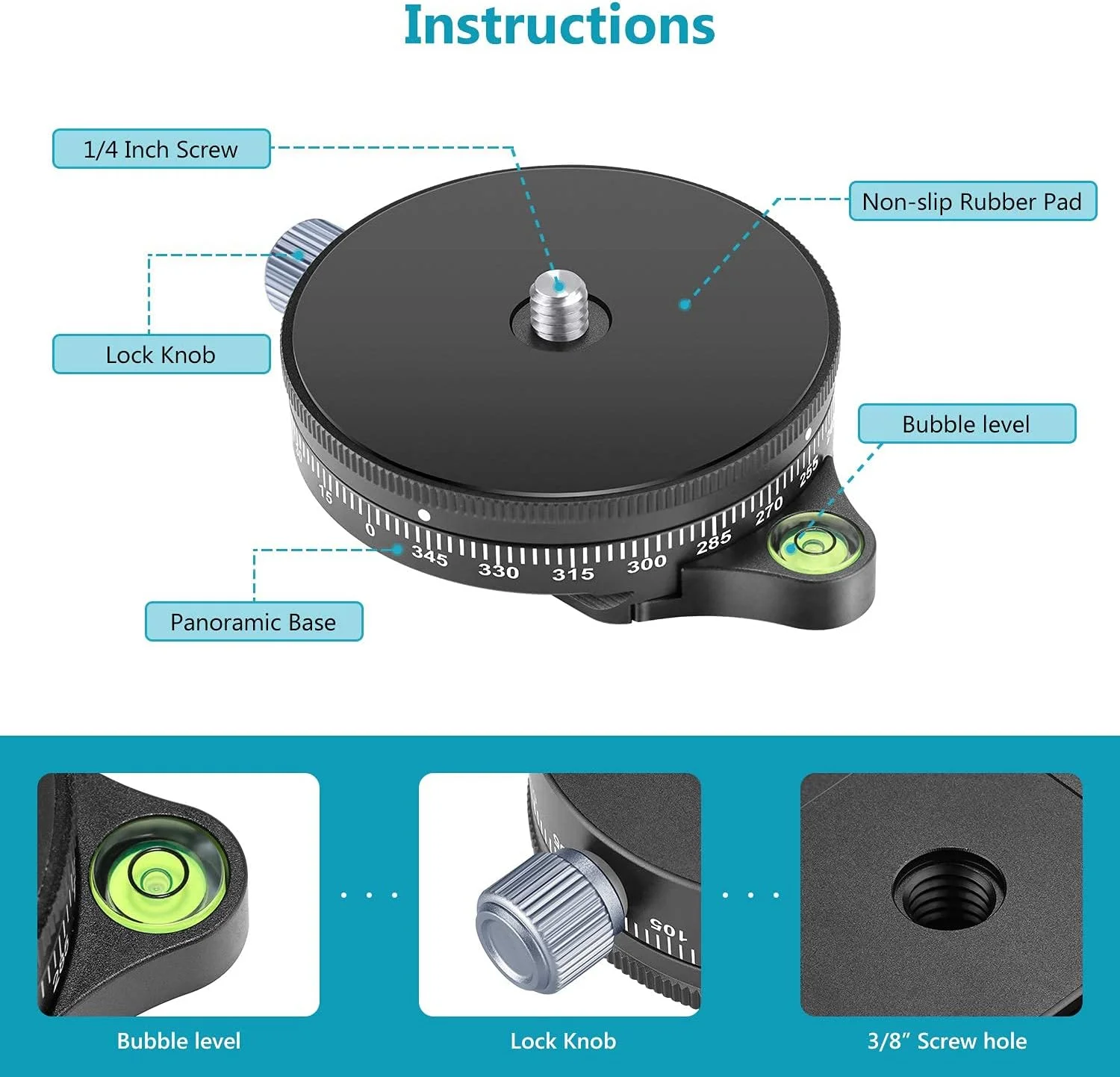 پایه پانورامای دوربین eWINNER با صفحه استایل، پیچ 3/8 اینچی آلیاژ آلومینیوم، هد سه پایه توپی پانوراما با تراز حبابی برای سه پایه تک پایه دوربین های DSLR، ظرفیت باربری 10 کیلوگرم