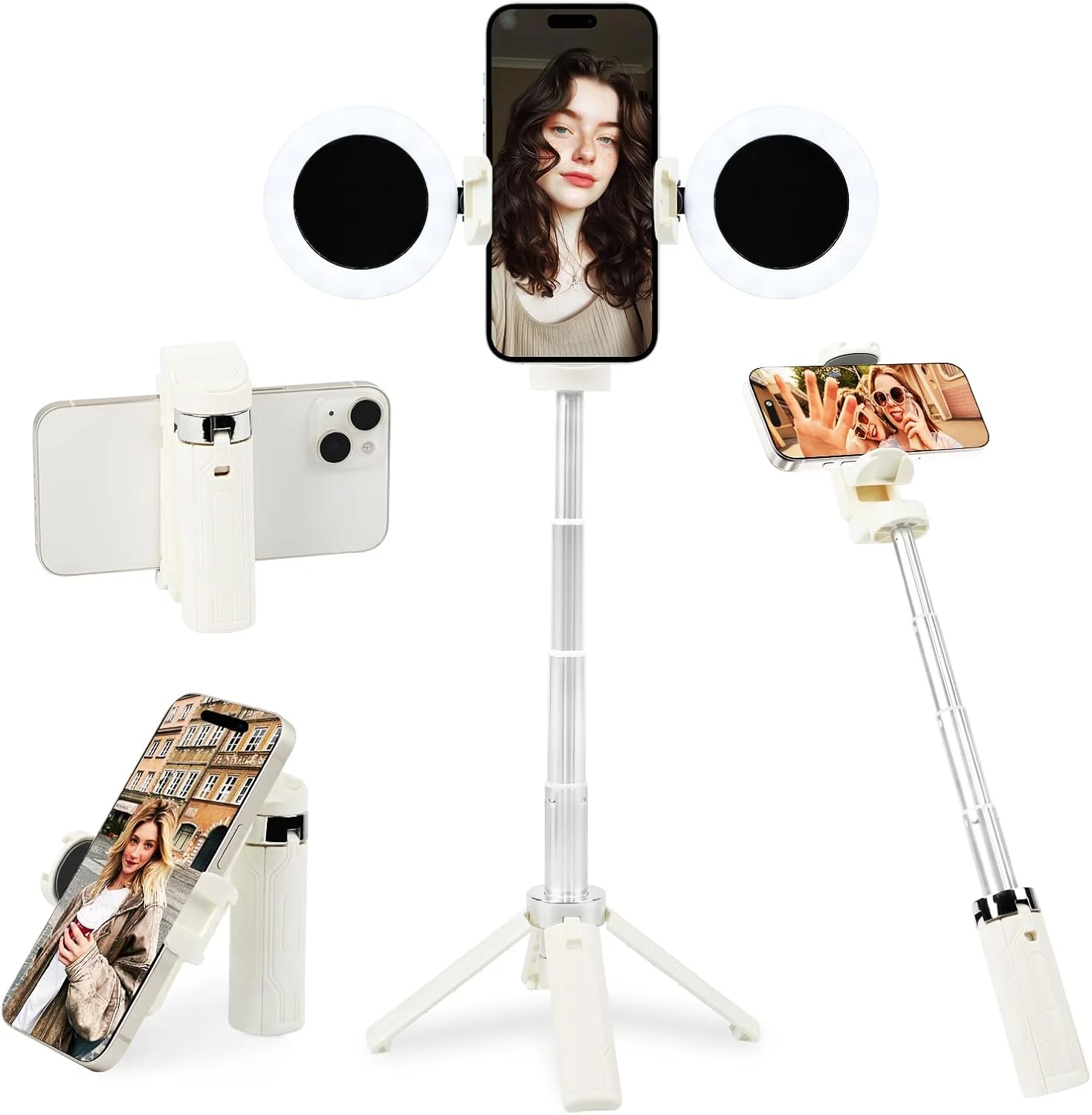 پایه نگهدارنده گوشی و مونوپاد Zurligi، مونوپاد قابل حمل با کنترل از راه دور بی سیم جداشدنی و نور پرکننده برای عکاسی، پایه گوشی جیبی برای تلفن هوشمند، پخش زنده، ویدیو (سفید)