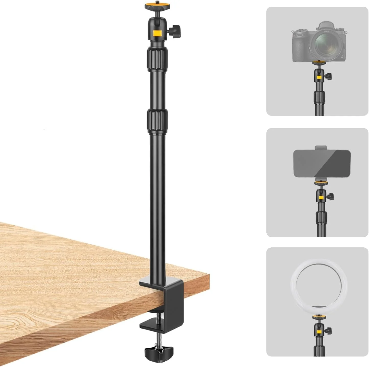 پایه نور رومیزی دوربین مدل TL253 با سر توپی 1/4 اینچی، نگهدارنده تبلت قابل تنظیم 43.5-102 سانتی متری با پیچ 1/4 اینچی، سه پایه نور رومیزی با گیره C شکل برای دوربین، رینگ لایت، وب کم و پخش زنده