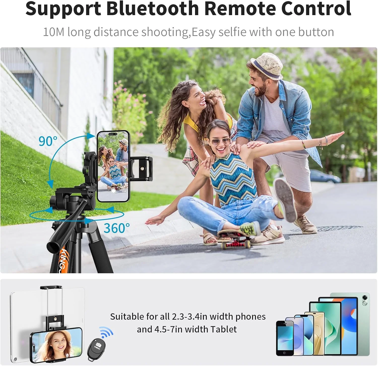 پایه دوربین KINGJOY 75 اینچی برای دوربین های Canon Nikon Dslr، پایه دوربین آلومینیومی سبک وزن با کیف حمل، پایه نگهدارنده گوشی جهانی و ریموت بی سیم، حداکثر بار 5 کیلوگرم، مشکی