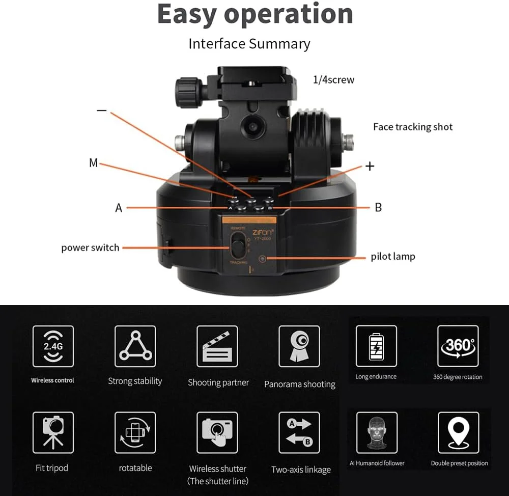سر توپی گردان موتوردار Graflsoa YT2000، سر توپی PTZ الکتریکی، نگهدارنده اشیا، سر سه پایه پانوراما با ظرفیت بارگیری 2 کیلوگرم، چرخش 360 درجه با کنترل از راه دور، گیره تلفن، پیچ 1/4 اینچی برای ولاگ زنده