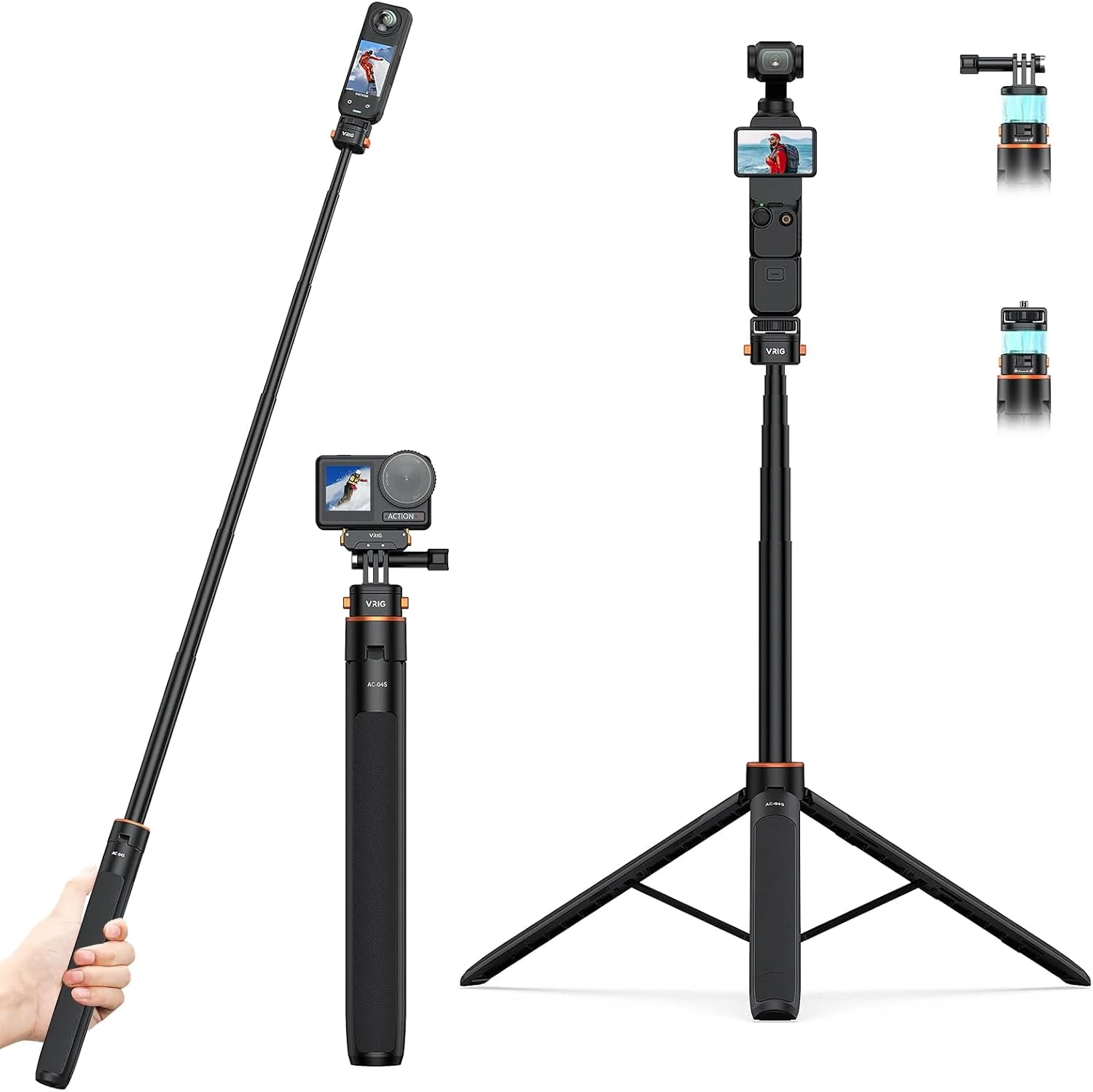 سه پایه سلفی استیک VRIG 64 اینچی برای دوربین GoPro، پایه سه پایه قابل افزایش با پیچ رهاسازی سریع 1/4 اینچی برای Insta 360 X5/X4، Go Pro Hero 13 12 11 10 9، DJI OSMO Action 5Pro/4/3، Session، SJCAM