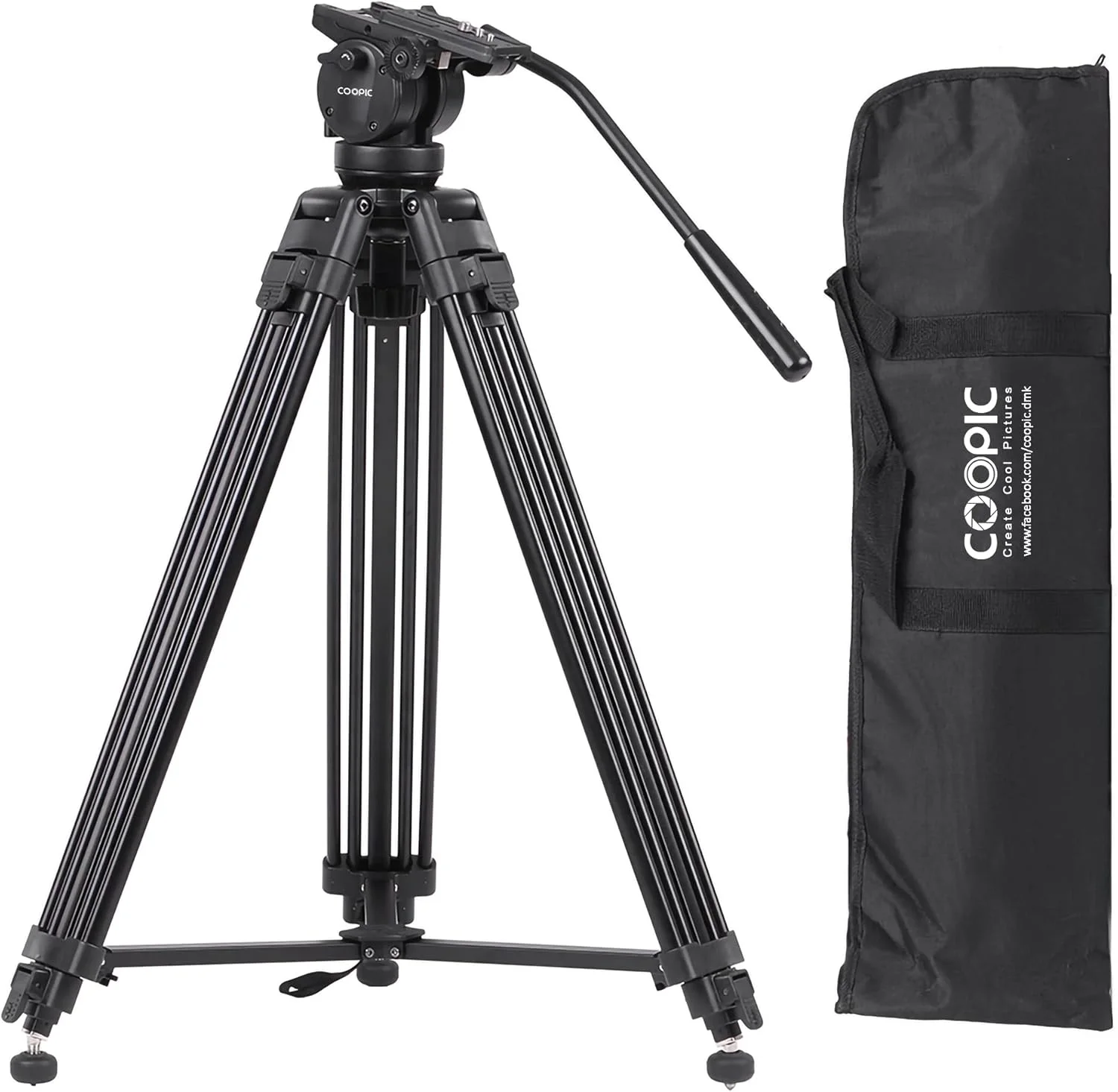 سه پایه دوربین فیلمبرداری حرفه ای آلیاژ آلومینیوم 155 سانتی متری CP VT20 با هد پن سیال 360 درجه، صفحه کفشک سریع 1/4 و 3/8 اینچی و کیف، تحمل وزن تا 20 کیلوگرم