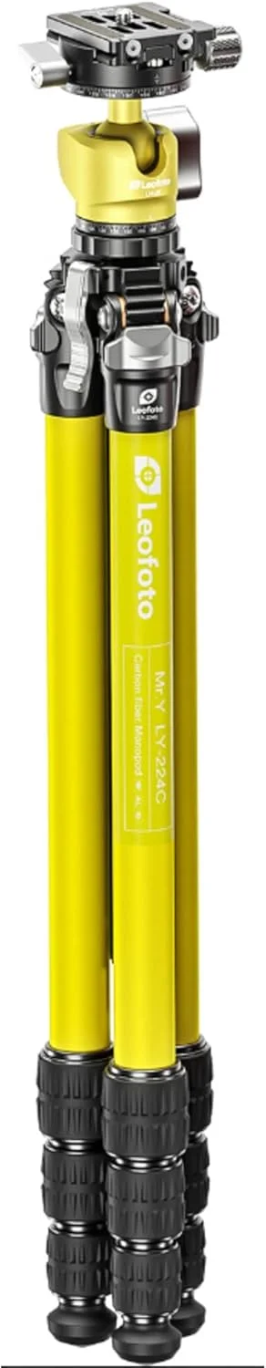 سه پایه مسافرتی فیبر کربنی Leofoto LY-224C+LH-25 برای عکاسان و تولیدکنندگان محتوا - فوق سبک 4 قسمتی، ستون مرکزی Y شکل، ظرفیت بار بالا با هد توپی - زرد