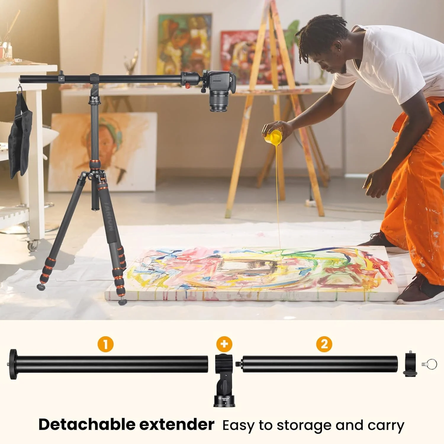 بازوی بوم سه پایه دوربین TARION، بازوی توسعه آلیاژ آلومینیوم 57 سانتی متری، ستون مرکزی خارجی با قابلیت چرخش 360 درجه به همراه کیسه شن وزنه تعادل برای عکاسی و فیلمبرداری از بالا (بازوی بوم دوربین)