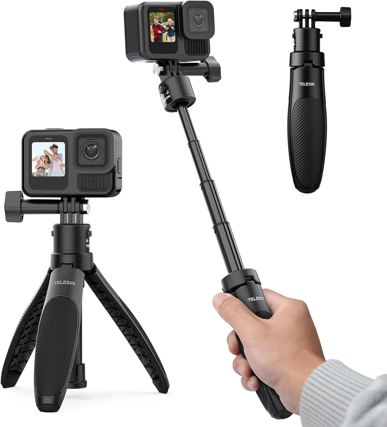 سه پایه مونوپاد سلفی استیک برای GoPro 13/12/11/10/9/8، مونوپاد قابل حمل و دسته نگهدارنده برای دوربین های اکشن Insta360/DJI، سایز جمع و جور