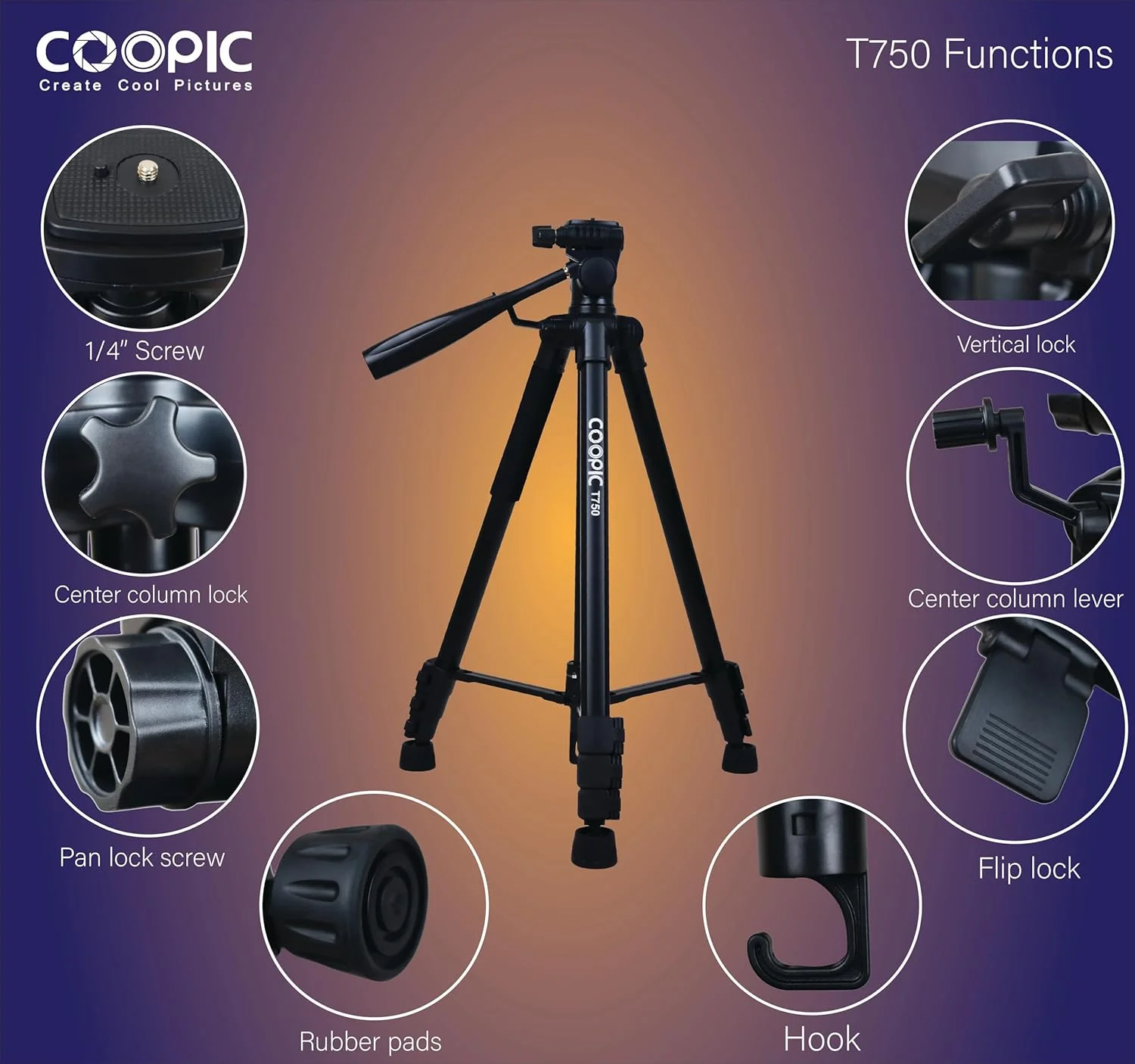 سه پایه دوربین و موبایل حرفه ای COOPIC T750، 174 سانتی متر، قابل تنظیم، سبک و قابل حمل برای عکاسی DSLR، بدون آینه و تلفن هوشمند - ایده آل برای عکاسی منظره و پرتره در سفر