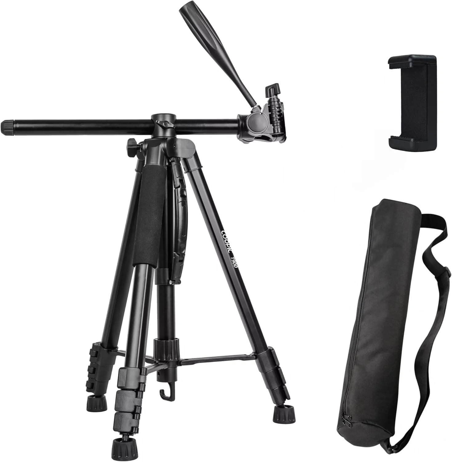 سه پایه دوربین فیلمبرداری حرفه ای COOPIC T900، سه پایه تک پایه 2 در 1 قابل حمل از جنس آلیاژ آلومینیوم با ستون مرکزی چرخشی، نگهدارنده موبایل و کیف حمل حداکثر ارتفاع 178 سانتی متر و حداکثر بار تا 5 کیلوگرم