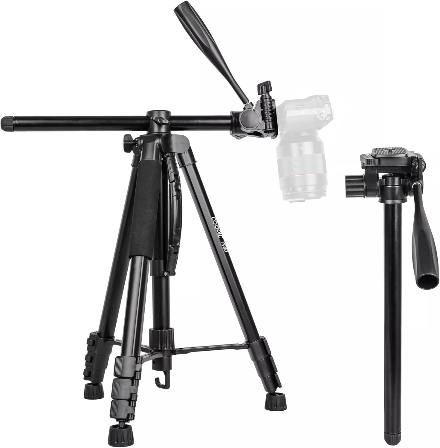 سه پایه دوربین فیلمبرداری T900، آلیاژ آلومینیوم، مسافرتی، قابل حمل، 2 در 1، تک پایه با ستون مرکزی چرخشی، حداکثر ارتفاع 178 سانتی متر با حداکثر بار تا 5 کیلوگرم