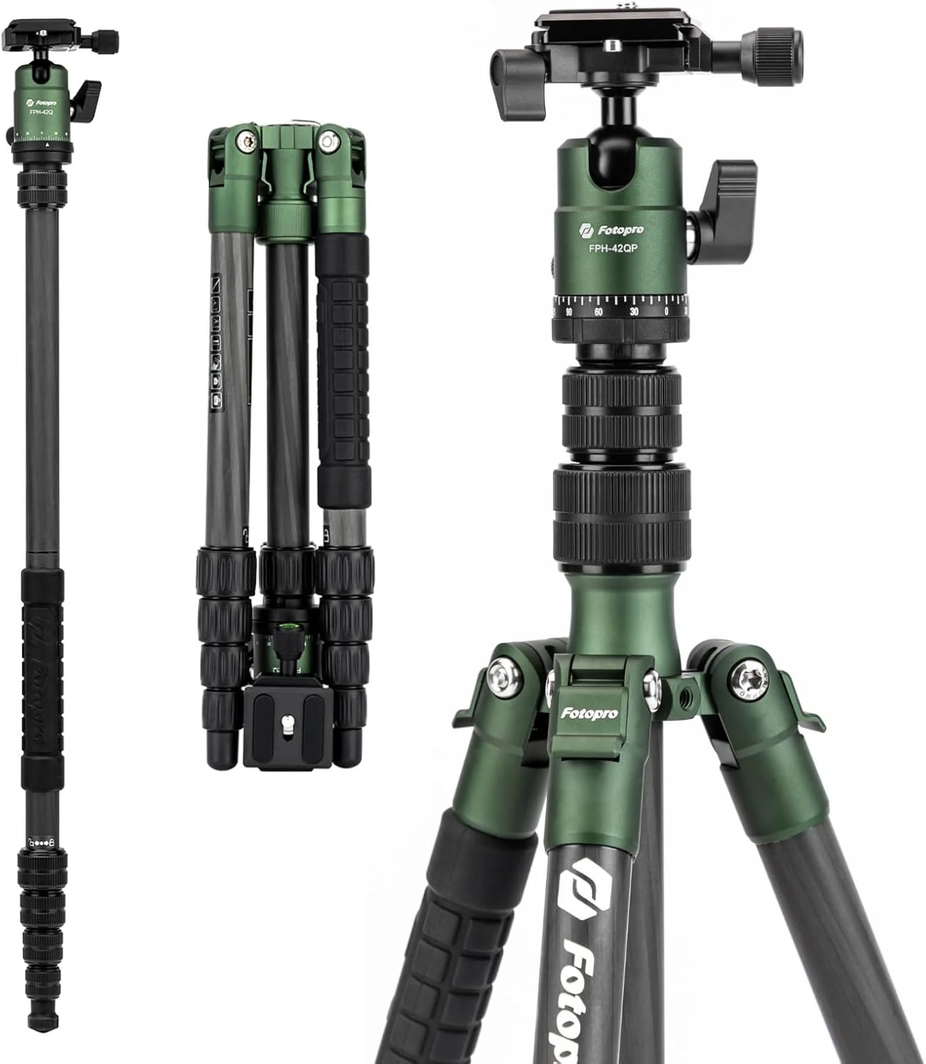 سه پایه مسافرتی فیبر کربنی 62 اینچی Fotopro، سه پایه دوربین جمع و جور با سر توپی فلزی، تک پایه جداشدنی با صفحه رهاسازی سریع Arca-Swiss و کیف، تحمل وزن تا 8 کیلوگرم