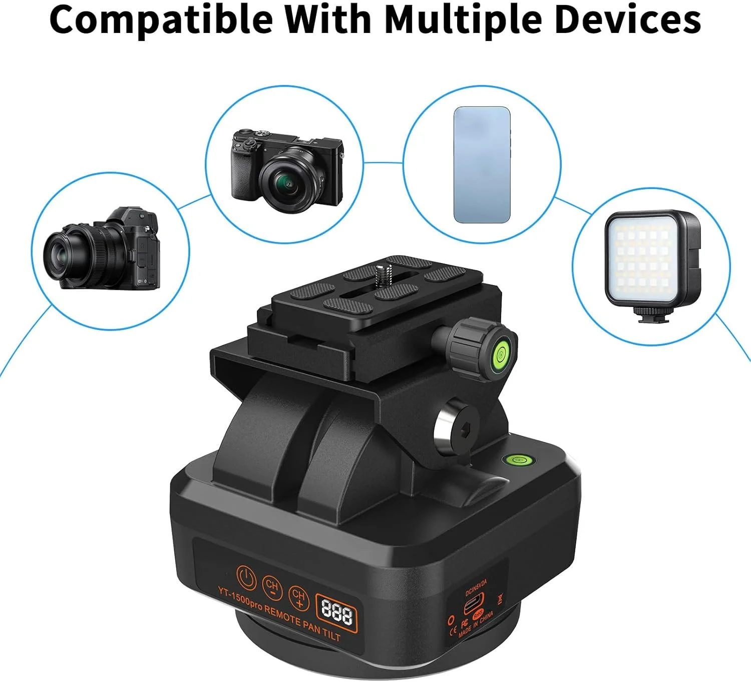 سر گرداننده و چرخاننده از راه دور Yanmis، چرخش 360 درجه موتوری برای تلفن های هوشمند، دوربین های DSLR، دوربین های اکشن، به همراه گیره/نگهدارنده تلفن همراه