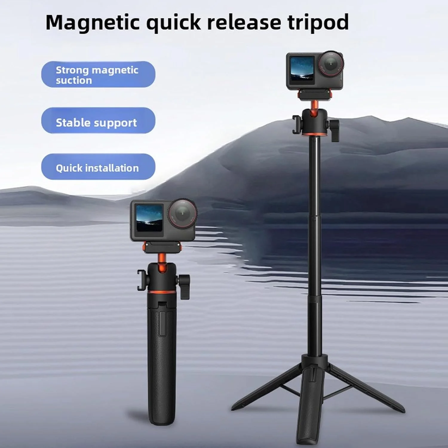 پایه سلفی استیک سه پایه 53 سانتی متری، پایه قابل افزایش سازگار با اکشن 3، 4، 5 پرو، استند سلفی استیک اکستنشن مغناطیسی دوربین آلیاژ آلومینیوم