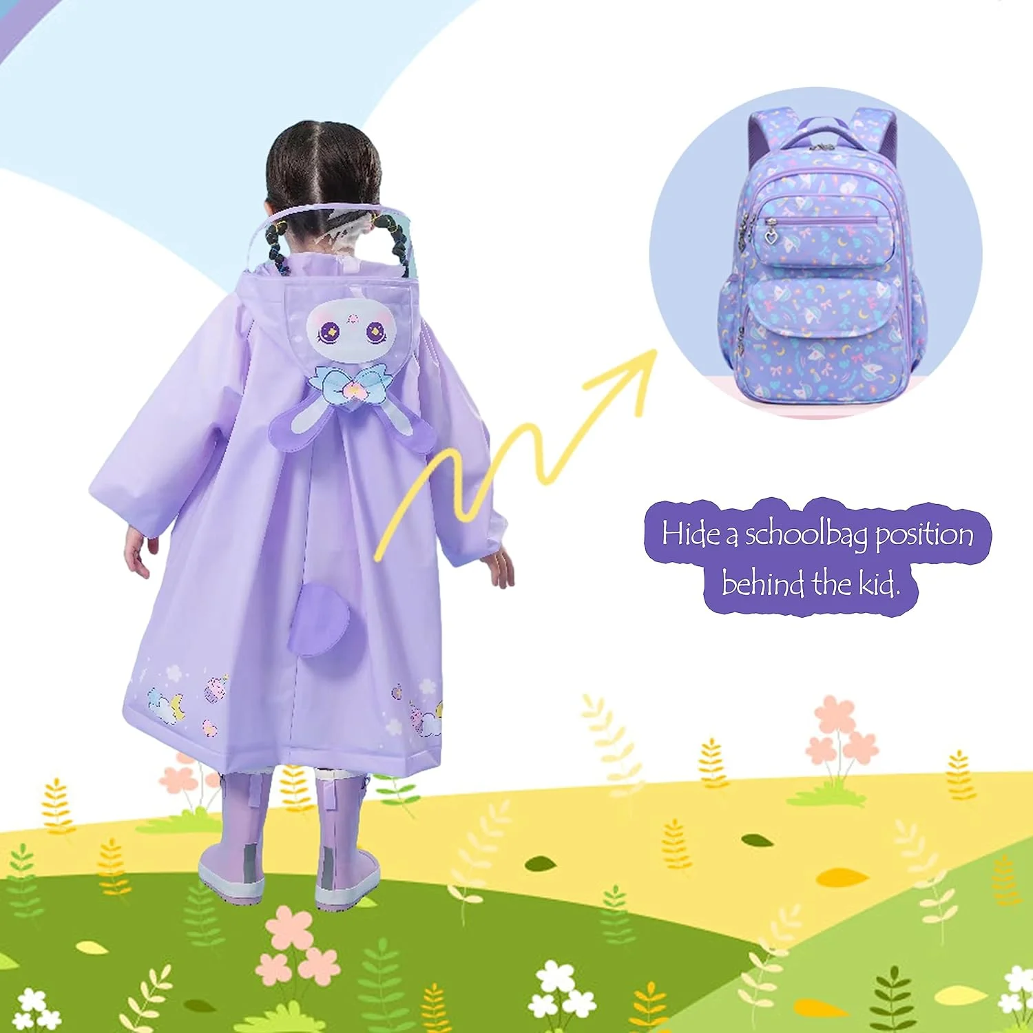 بارانی ضد آب کودکانه TERRIFI، پانچو بارانی قابل حمل EVA، بارانی بچه گانه با کلاه، لباس بارانی EVA قابل استفاده مجدد، طرح کارتونی سایز L مناسب کودکان 4-6 سال