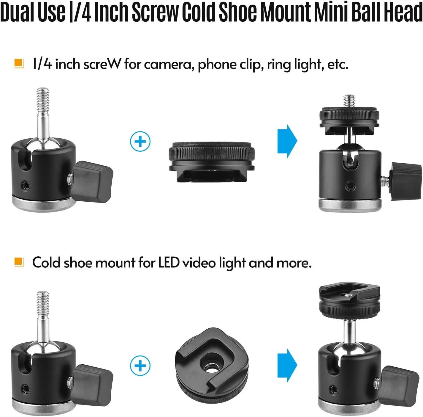 هد توپی دو منظوره آلیاژ آلومینیوم با پایه کفشک سرد 4 پیچ، چرخش 360 درجه، مناسب برای نگهدارنده گوشی دوربین، سه پایه، نور ویدئو، عکاسی، پخش زنده و ولاگ