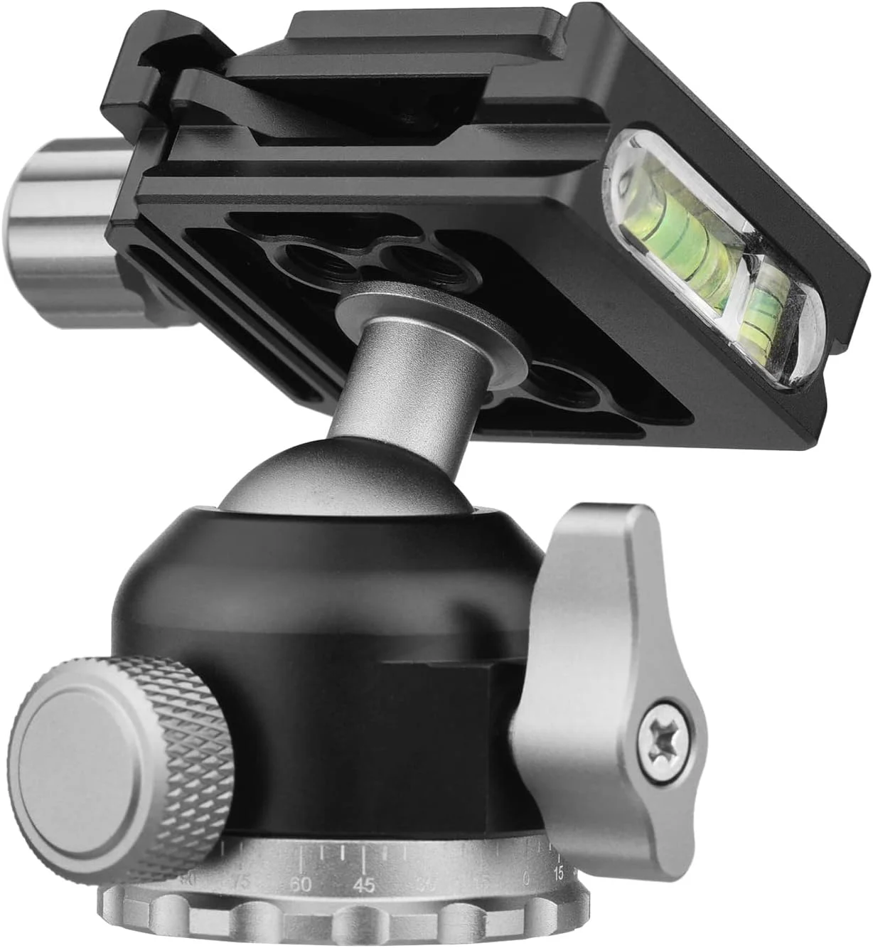 آداپتور سه پایه هد توپی پانوراما فشرده با صفحه رهاسازی سریع، اتصال دهنده پیچی 1/4 اینچی، آلیاژ آلومینیوم ماشینکاری CNC، ظرفیت بار 5 کیلوگرم، تراز حباب ضد لغزش، شیار U شکل 360 درجه