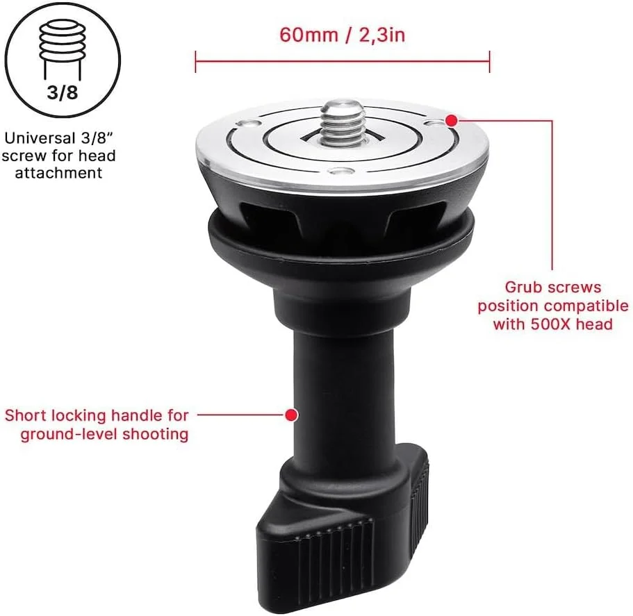 آداپتور نیم کره 60 میلی متری Manfrotto برای استفاده از هد با پایه تخت 60 میلی متری با سه پایه ویدیویی کاسه ای، دسته کوتاه، عکاسی در سطح زمین