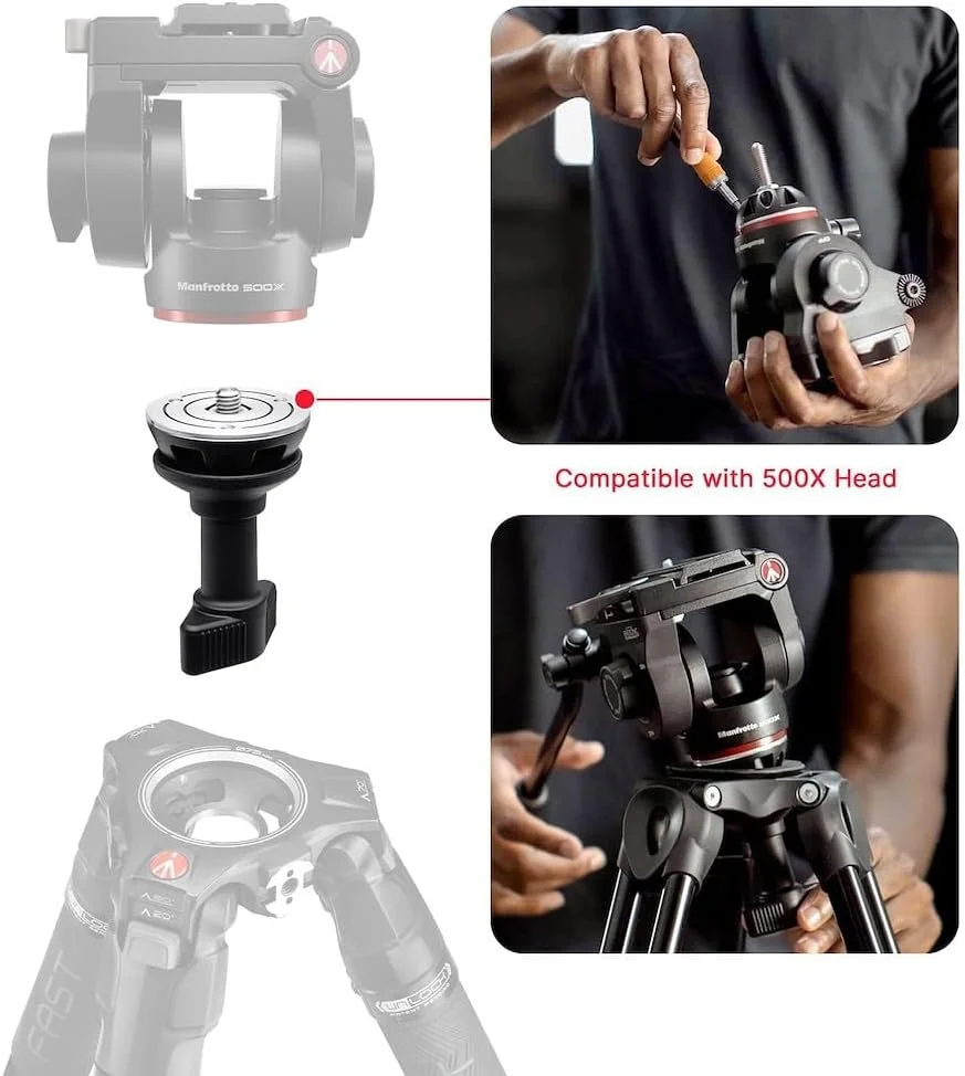 آداپتور نیم کره 60 میلی متری Manfrotto برای استفاده از هد با پایه تخت 60 میلی متری با سه پایه ویدیویی کاسه ای، دسته کوتاه، عکاسی در سطح زمین