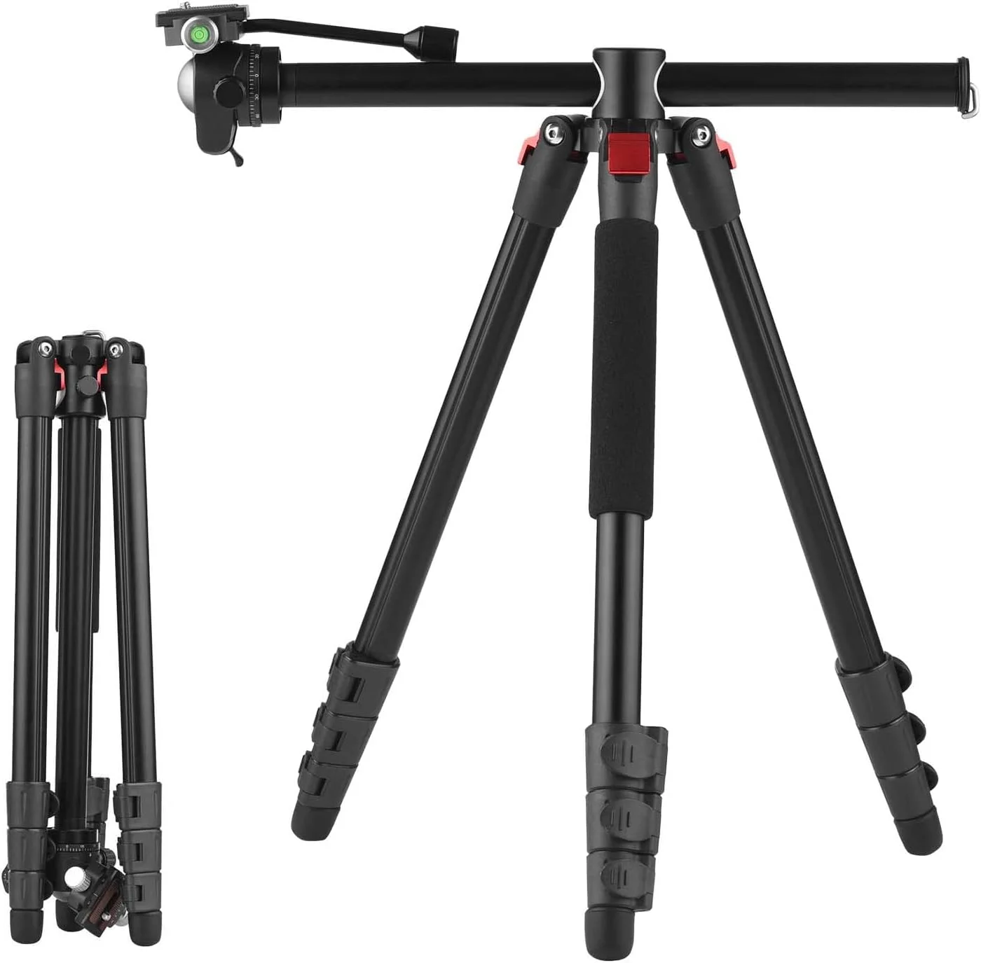 سه پایه عکاسی چند منظوره با سر توپی چرخشی 360 درجه، ظرفیت بار 10 کیلوگرم، پایه آلیاژ آلومینیوم، حالت افقی معکوس، ارتفاع قابل تنظیم، کیف حمل