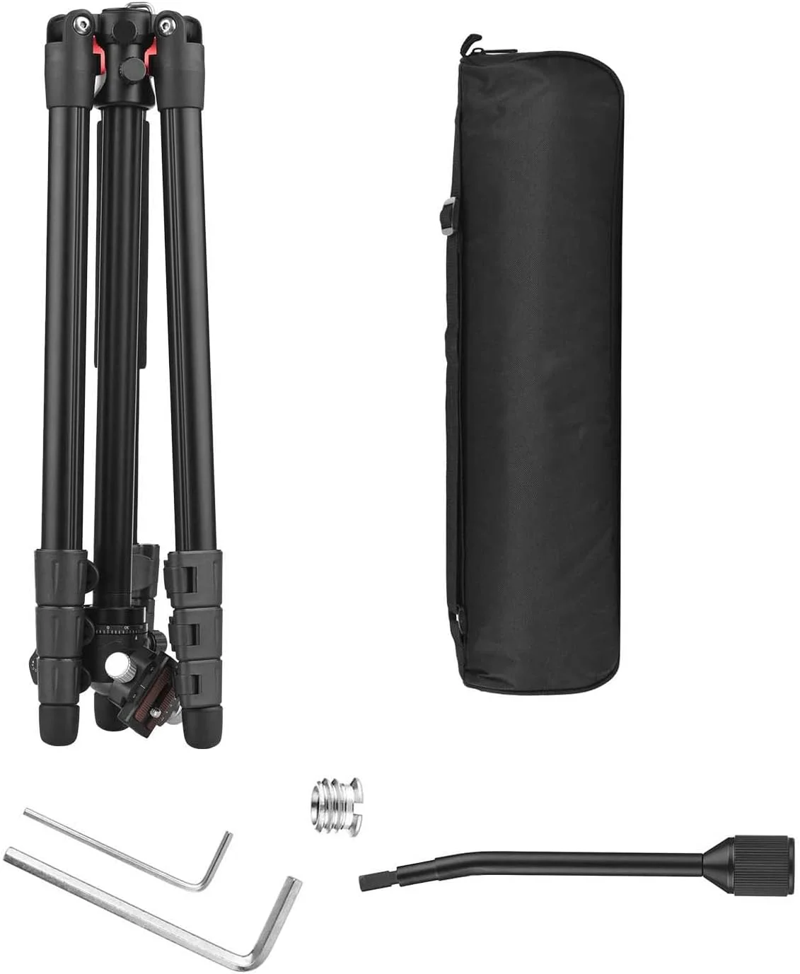 سه پایه عکاسی چند منظوره با سر توپی چرخشی 360 درجه، ظرفیت بار 10 کیلوگرم، پایه آلیاژ آلومینیوم، حالت افقی معکوس، ارتفاع قابل تنظیم، کیف حمل