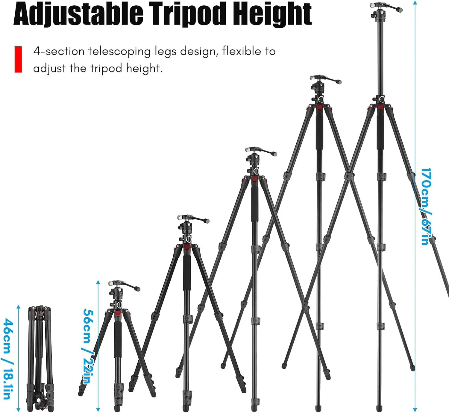 سه پایه عکاسی چند منظوره با سر توپی چرخشی 360 درجه، ظرفیت بار 10 کیلوگرم، پایه آلیاژ آلومینیوم، حالت افقی معکوس، ارتفاع قابل تنظیم، کیف حمل